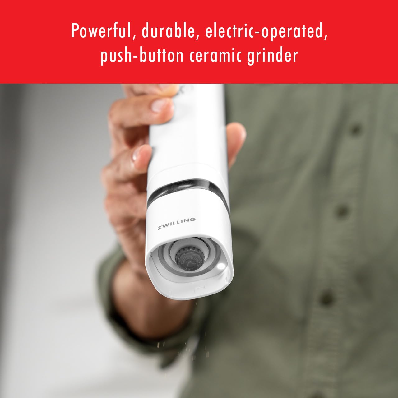 ZWILLING Enfinigy Electric Salt and Pepper Mill Set - Battery Operated, Adjustable Grinder for Fresh Seasoning - Perfect for Kitchen, Dining Table, and Gourmet Cooking - White