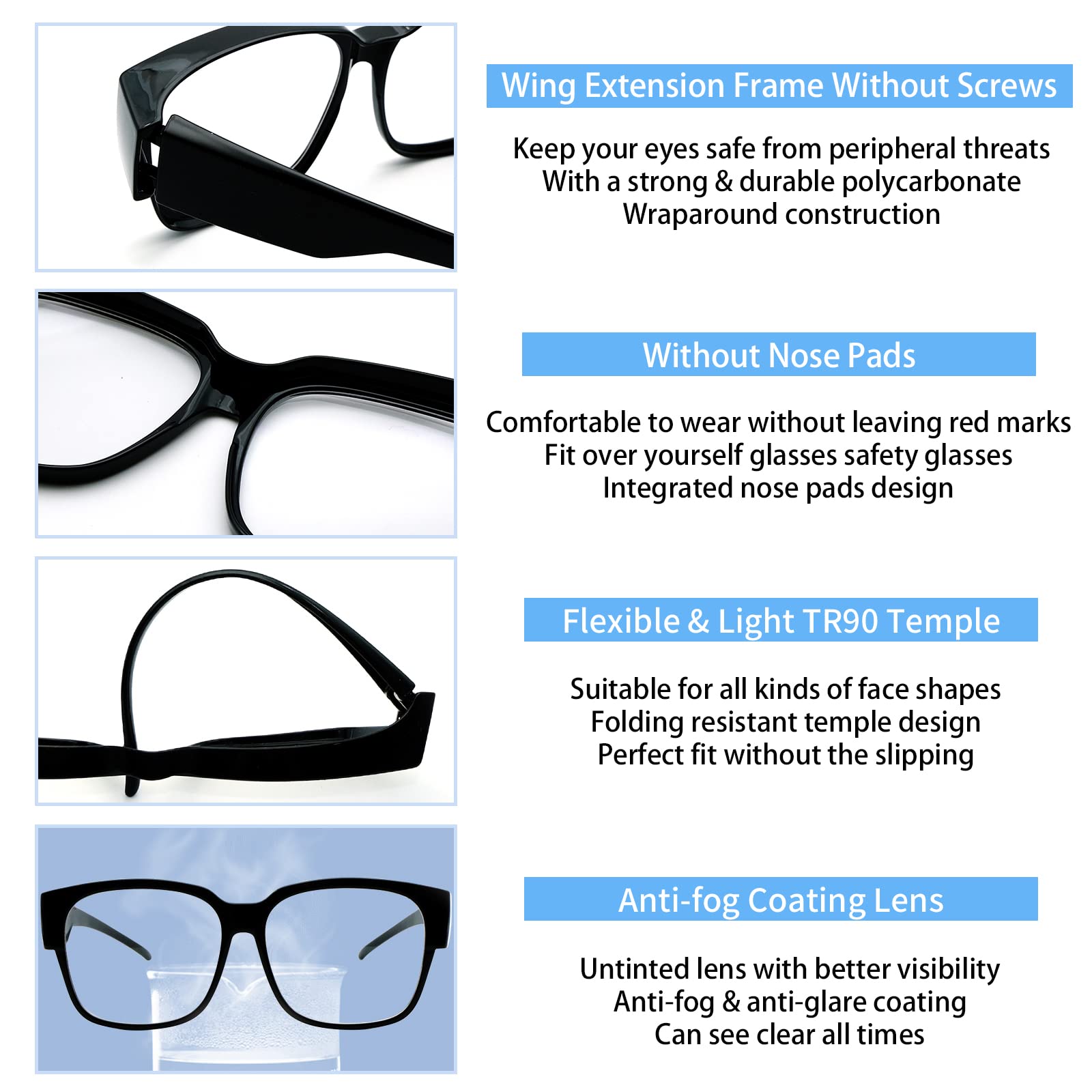 Anti-Fog Blue Light Glasses Over Eyeglasses for Men & Women - Work & Screen Use