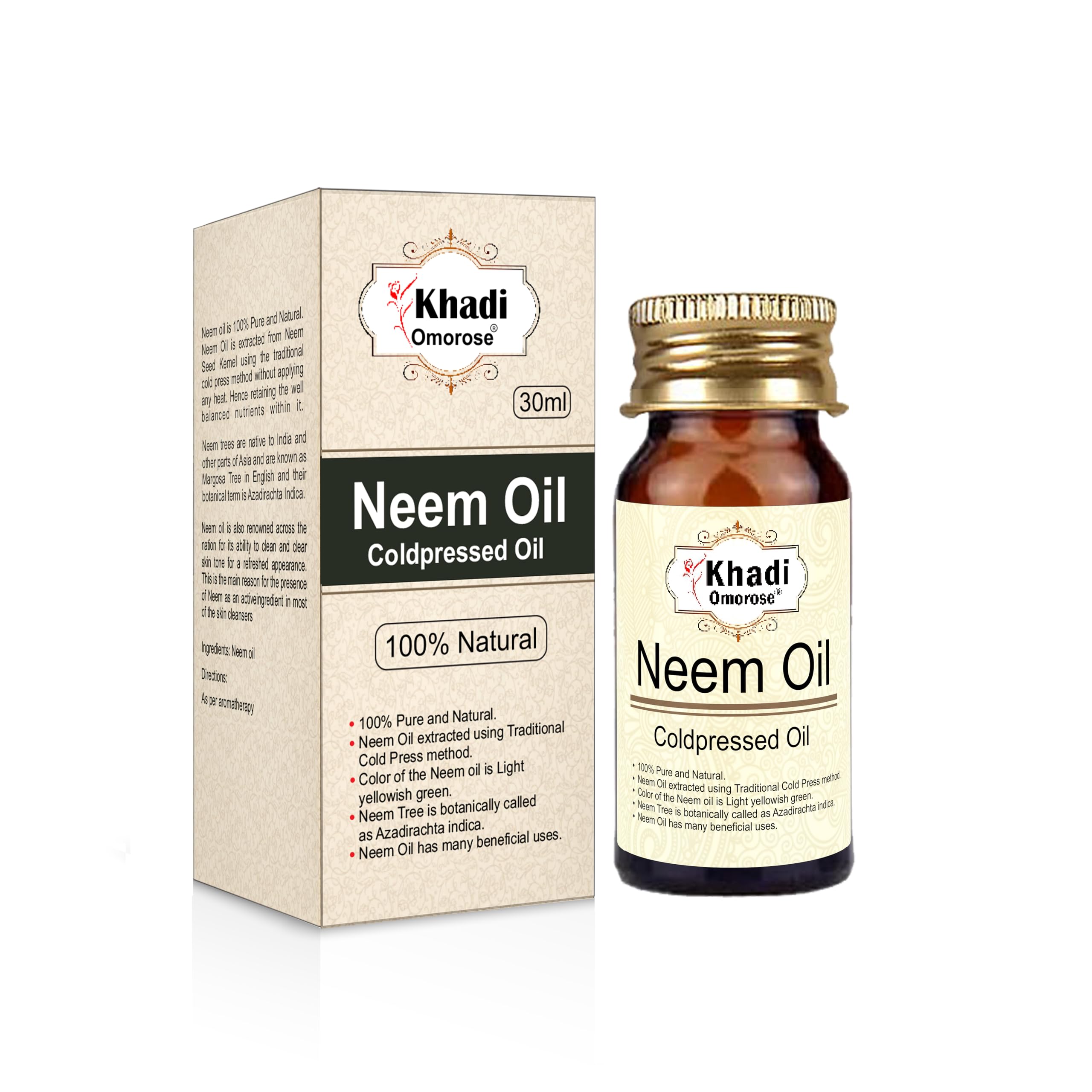 Khadi Omorose 100% Pure Cold-Pressed Neem Oil - 30ml | Organic Carrier Oil for Hair, Skin & Nails | Natural Ayurvedic Treatment for Acne, Dandruff & Scalp Care