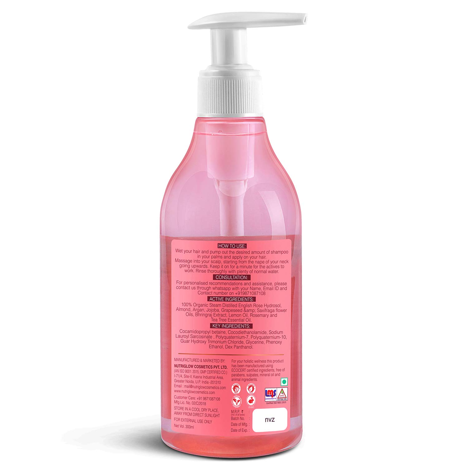 NutriGlow NATURAL'S English Rose Shampoo for Dry Damaged Hair & Sensitive Scalp - Stimulates Hair Growth, Deep Hydration, Voluminous Shine | Paraben-Free, Sulfate-Free, 300ml | Perfect for Daily Hair Care & Scalp Nourishment