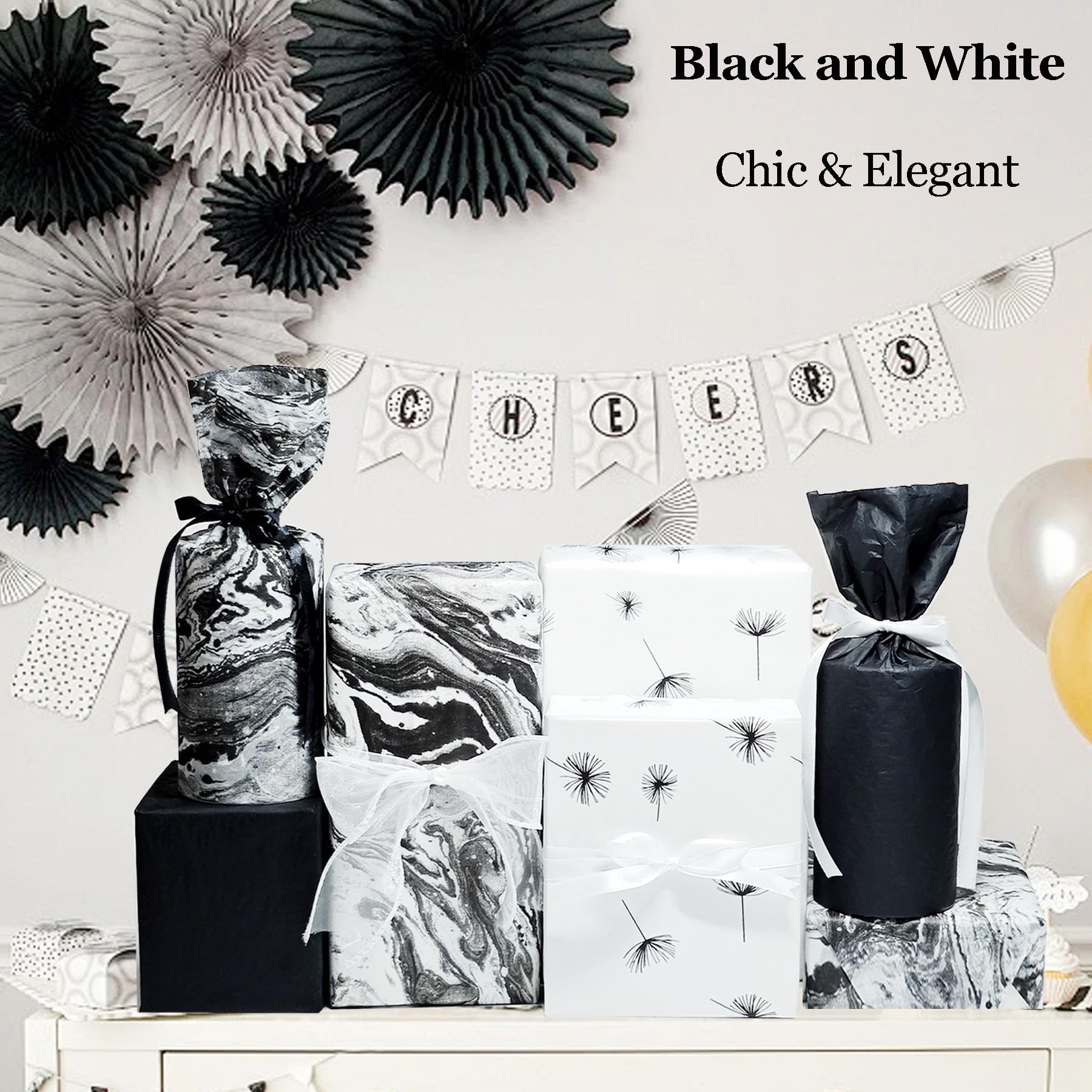 Premium Matte Marble Dandelion Tissue Paper - 30 Sheets Black & White Gift Wrapping Paper for Birthday Parties, DIY Crafts, Gift Bags & Packaging (19.7x13.8 Inches) - Perfect for Party Decorations, Wedding Favors and Handmade Card Making