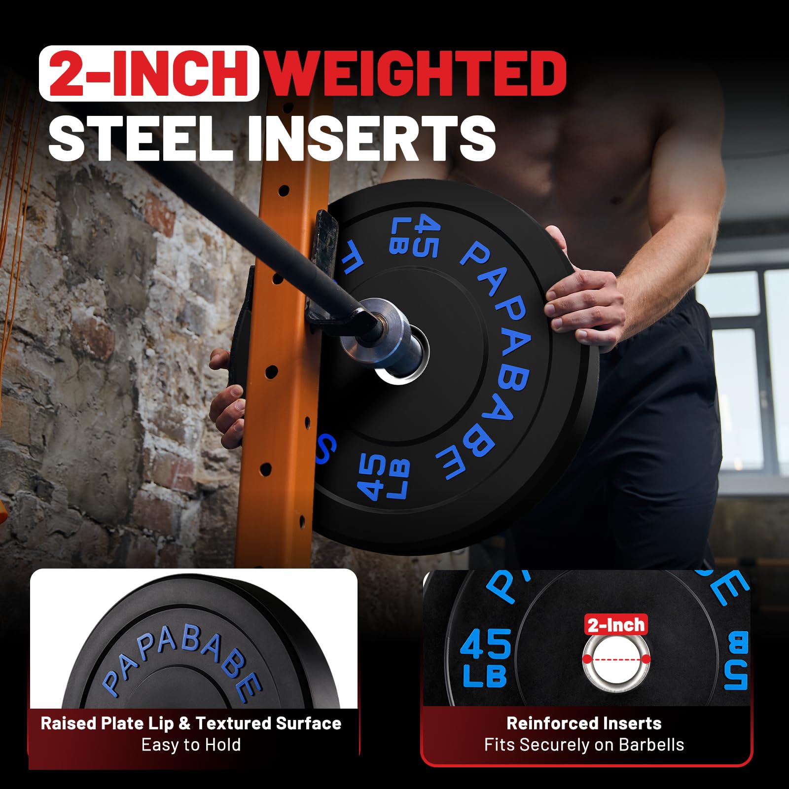 Papababe Olympic Bumper Plates 10-410lb Set – 2 Inch Steel Hub Rubber Weight Plates for Strength Training & Weightlifting (IWF Standard, Single/Pair/Sets) – Perfect for Home Gym, CrossFit, and Powerlifting Workouts