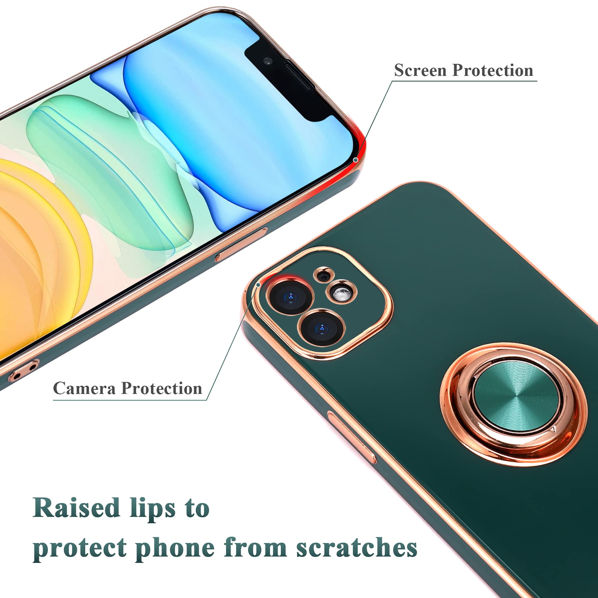 Magnetic Rotatable Ring Holder iPhone 11 Case - 360° Kickstand, Ultra Slim Soft Silicone Protective Cover with Edge Plating for 6.1 Inch iPhone 11 (Dark Green) - Perfect for Workouts, Commuting & Hands-Free Viewing