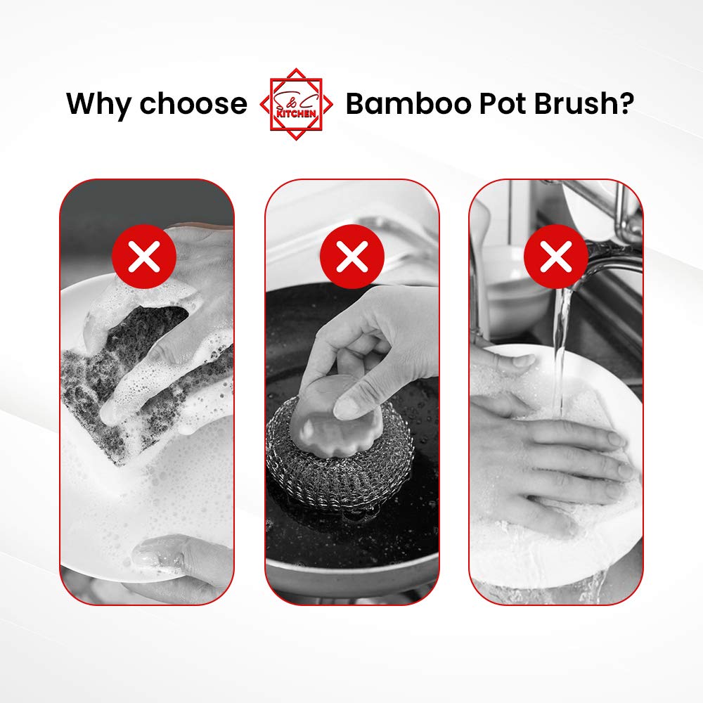 Eco-Friendly Bamboo Dish Scrub Brush Set of 2 - Natural Palm & Sisal Bristles for Pots, Pans, Vegetables & Woks - Kitchen & Bathroom Cleaning Brush with Ergonomic Handle - Perfect for Daily Dishwashing and Tough Stain Removal
