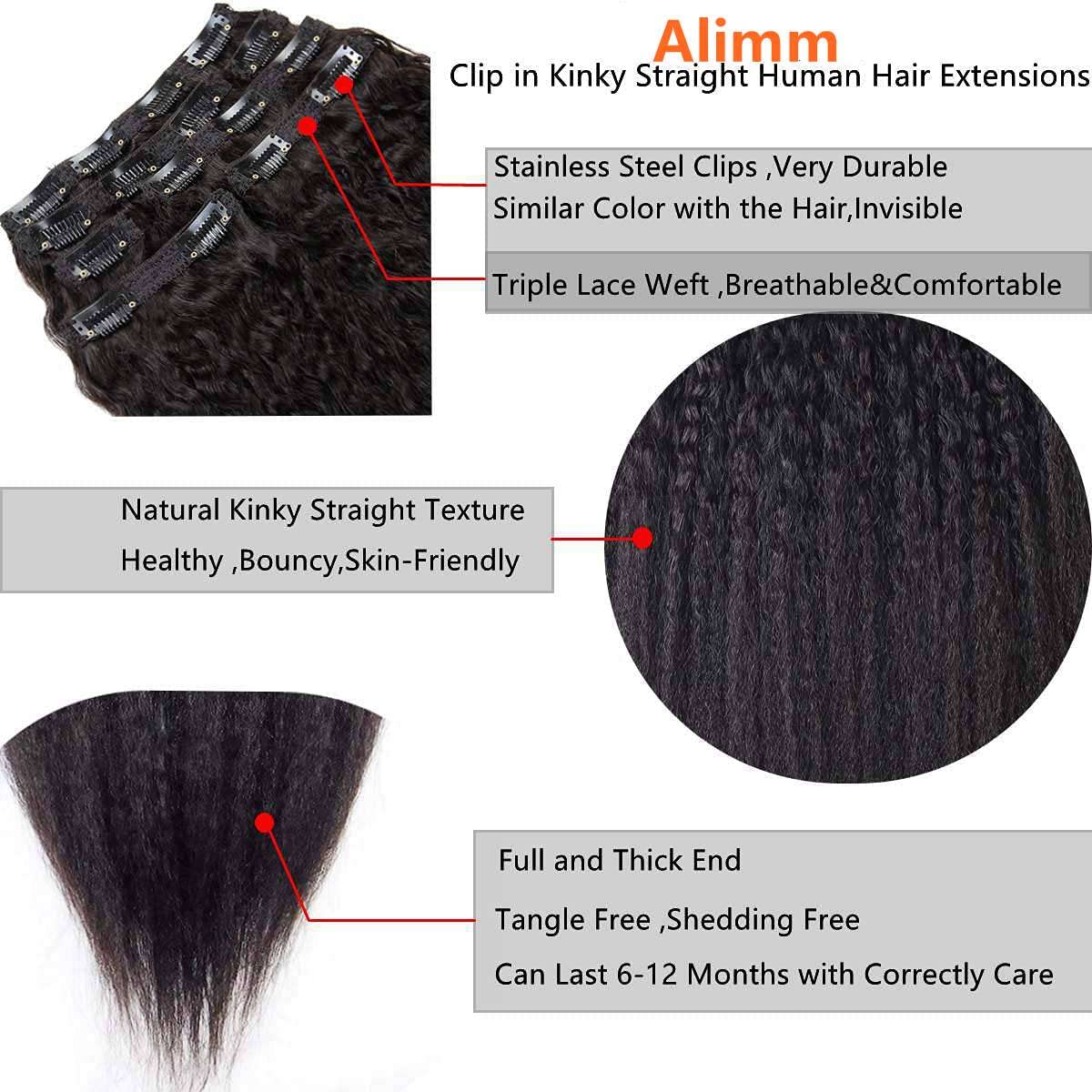 Clip-in Kinky Straight Human Hair Extensions - 7Pieces 16 Clips Double Lace Weft (26 inch, #1B) | Alimm Coarse Yaki Straight Hair for Natural Look | Perfect for Daily Wear, Parties & Special Occasions