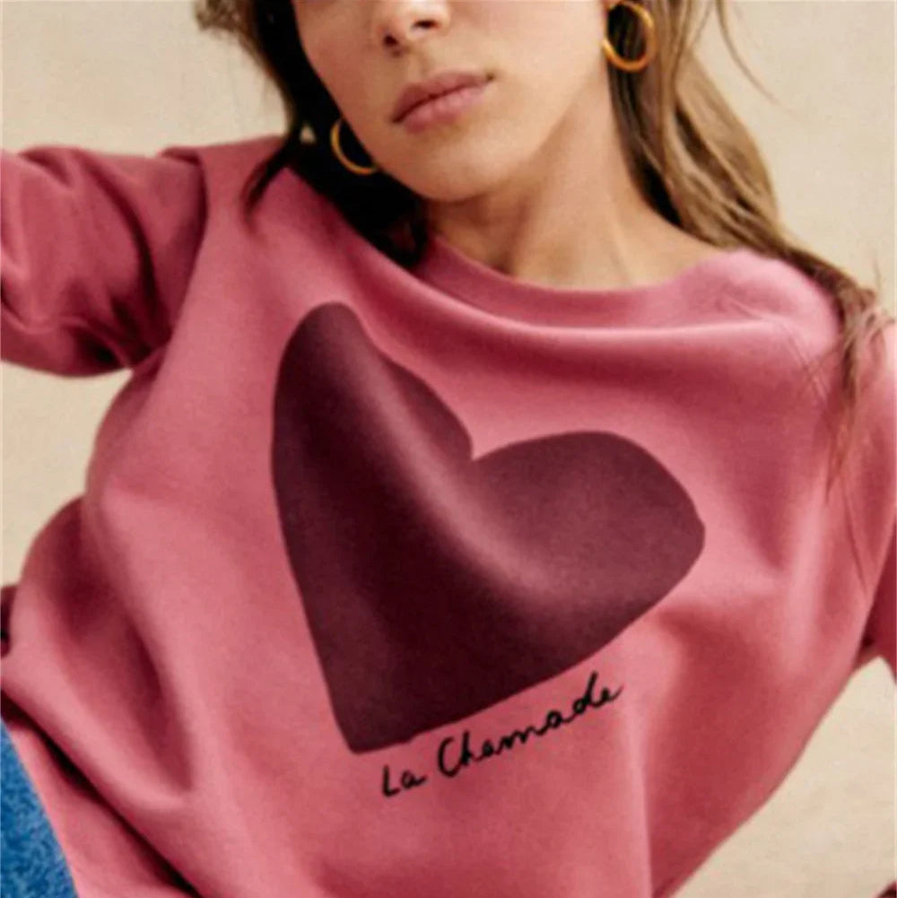 Women's Heart Print Sweatshirt - Cute Valentine's Day Gift, Casual Pullover Sweater for Date Night & Romantic Outfits