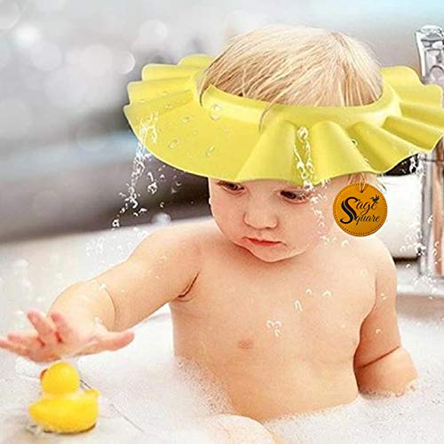 Sage Square Adjustable Baby Shower Cap with Ear Protection - Soft & Safe Bathing Hat for Infants & Toddlers (Yellow, Pack of 2) - Perfect for Sensitive Ears During Hair Wash & Bath Time