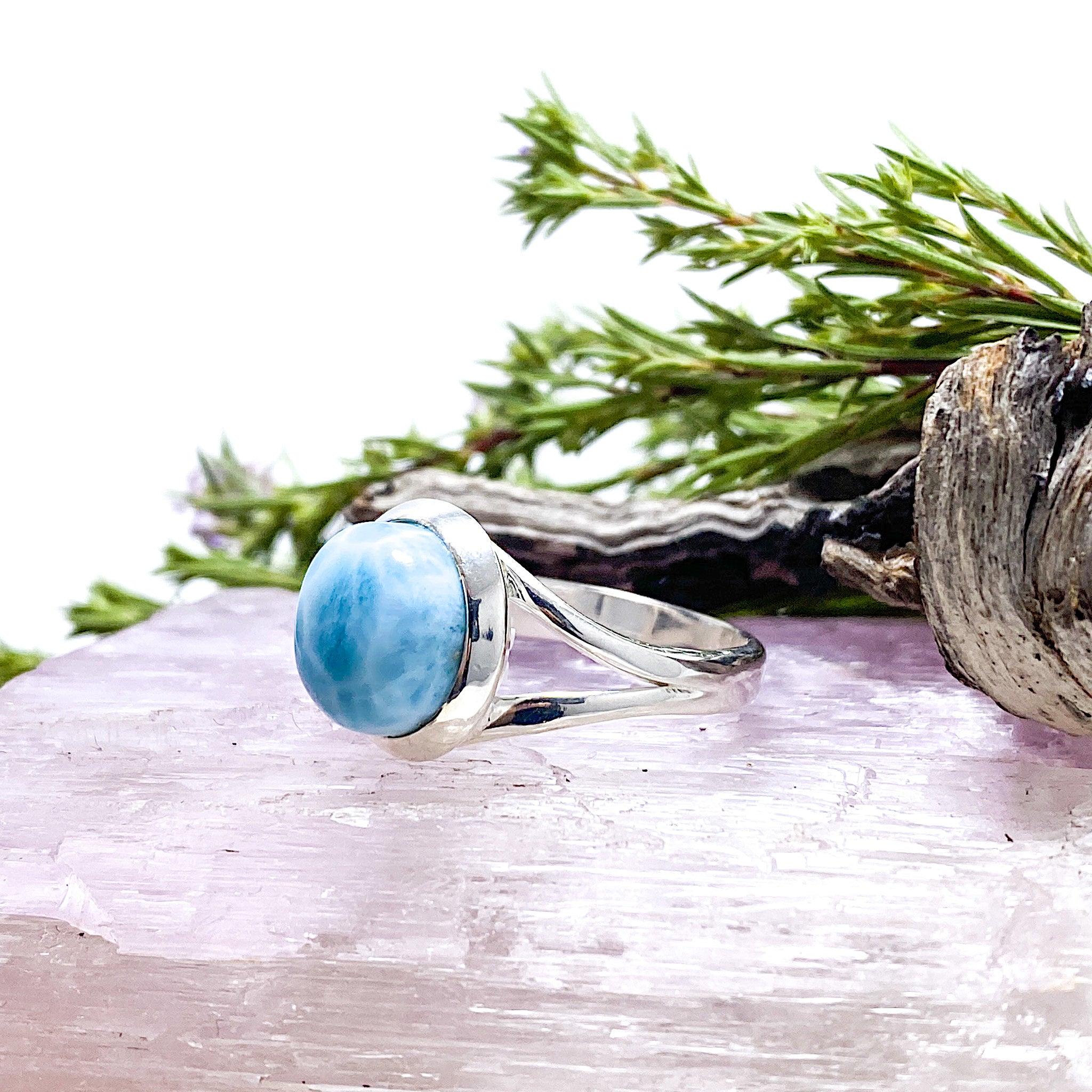 Larimar Round Ring Size 8 - Genuine Blue Stone Jewelry for Women, Handmade Sterling Silver Band - Perfect for Gifts, Weddings & Everyday Wear