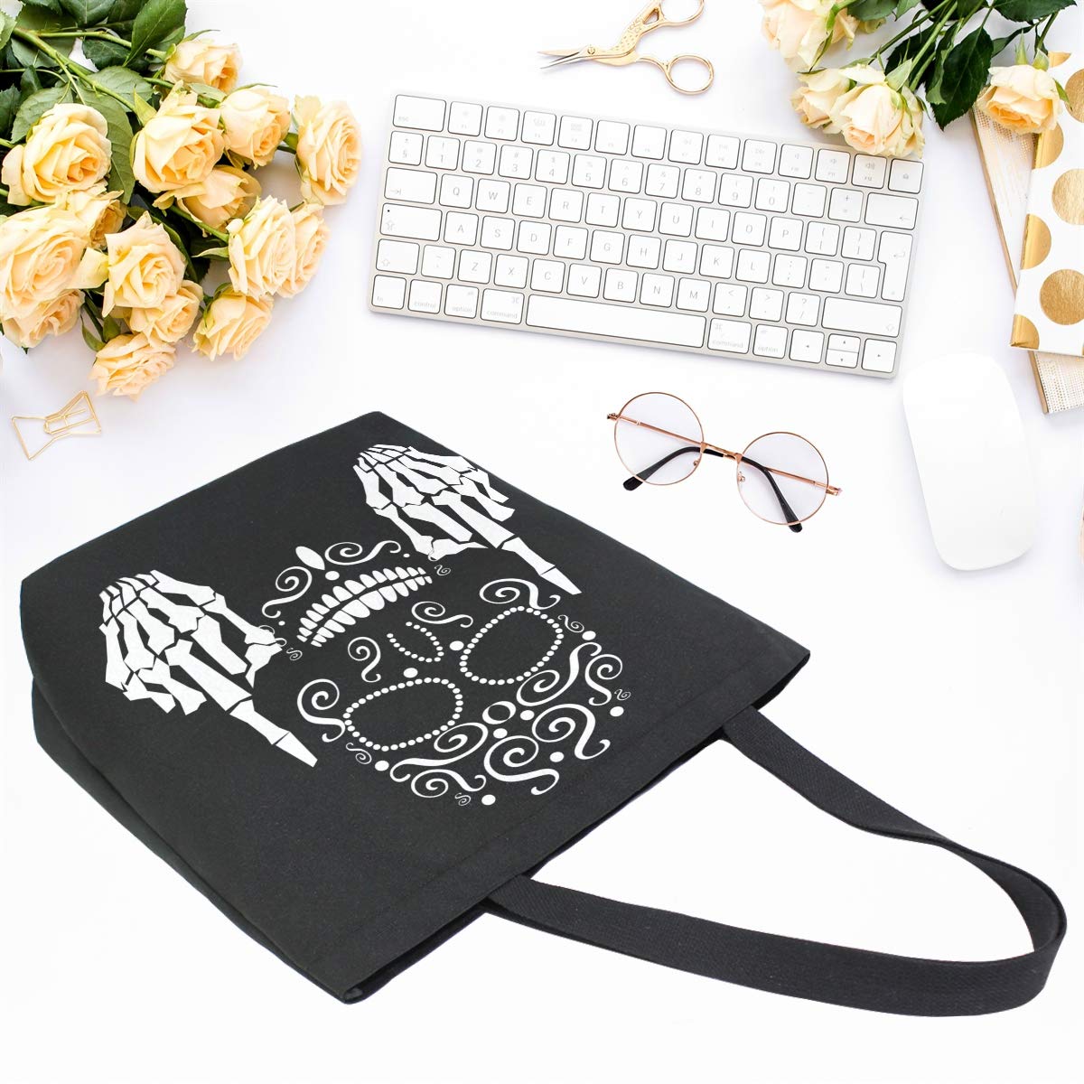 Floral Skull Canvas Tote Bag for Women - Large Black & White Cotton Shoulder Bag, Durable Reusable Grocery Shopping Tote - Perfect for Beach, Market, Travel & Everyday Use