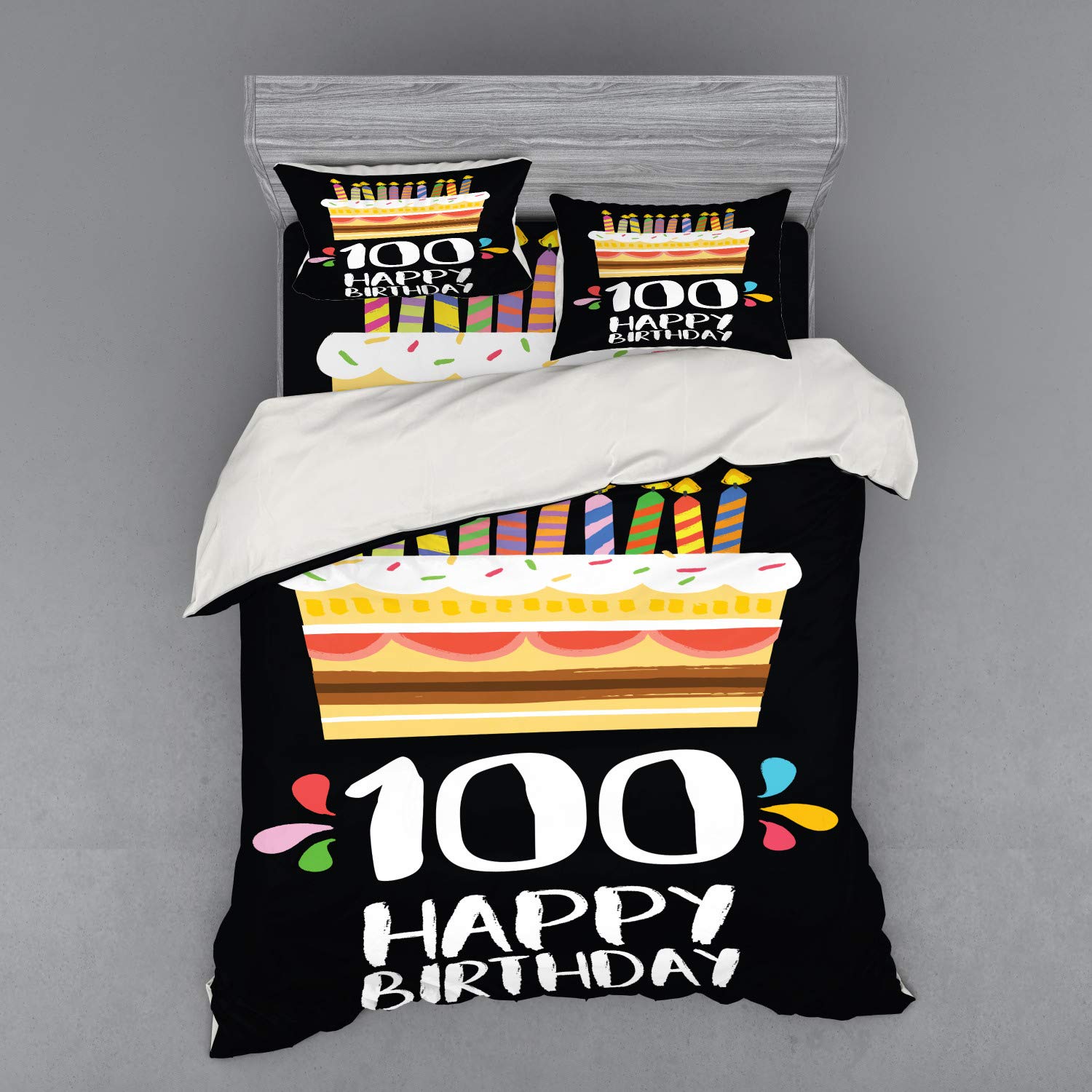 Ambesonne 100th Birthday Bedding Set - 4 Piece Queen Size Duvet Cover with Shams & Fitted Sheet - Vintage Cake & Candles Design on Black Background - Perfect for Milestone Celebrations, Anniversary Gifts & Special Occasion Home Decor