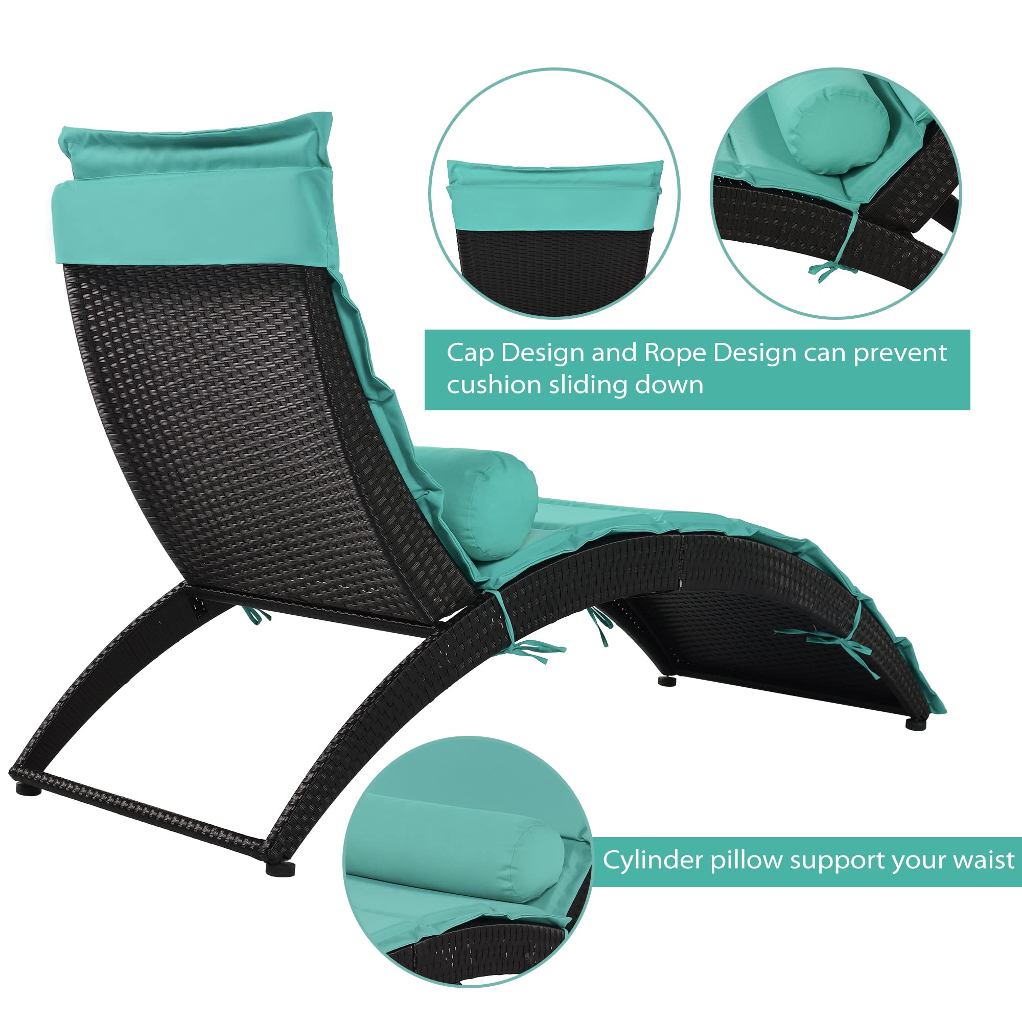 Foldable PE Rattan Sun Lounger Chair with Removable Cushion & Bolster Pillow - Outdoor Patio Furniture for Backyard, Garden, Poolside, or Balcony - Wicker Chaise Lounge in Black & Turquoise for Ultimate Relaxation