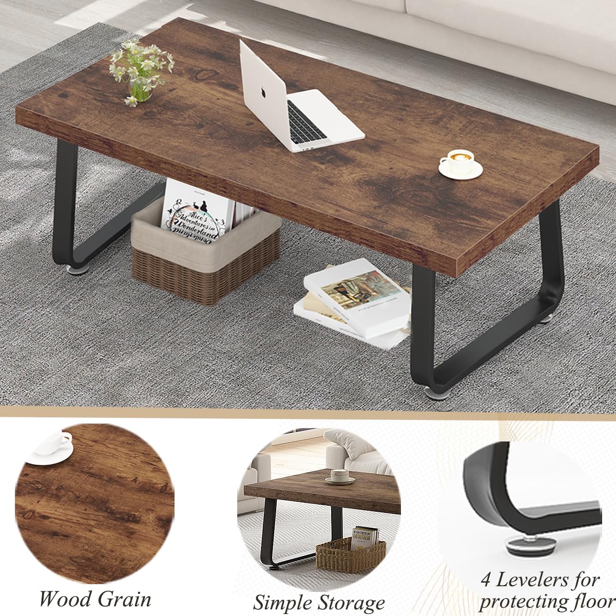 HSH Industrial Modern Wooden Coffee Table - 47 Inch Rectangle Rustic Brown Farmhouse Center Table for Living Room, Bedroom & Home Office - Minimalist Wood & Metal Cocktail Tea Table for Small Spaces & Apartment Decor