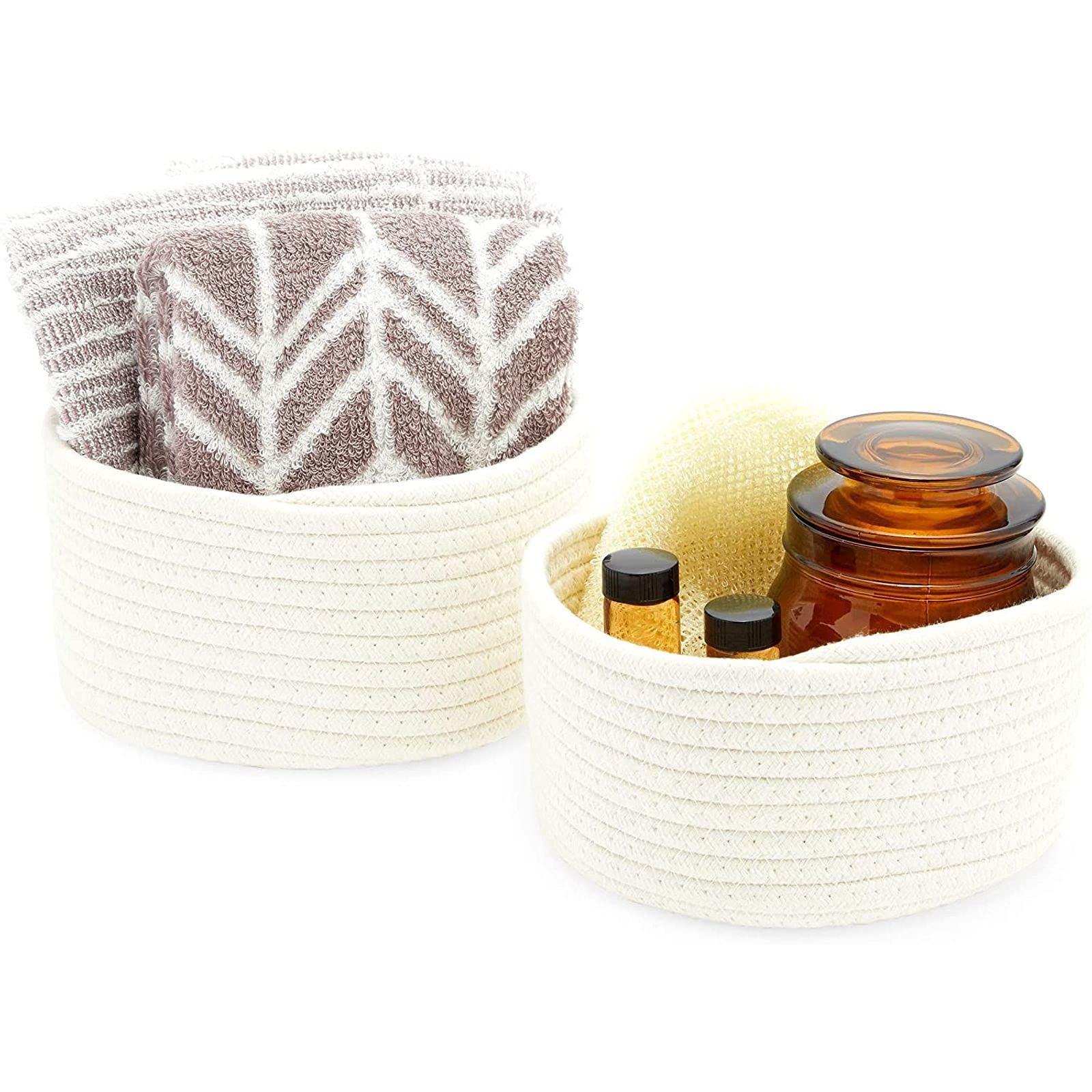 Farmlyn Creek Cotton Woven Storage Baskets - White Organizer Bins (2 Sizes, 2 Pack) - Perfect for Home Organization, Nursery, Laundry & Bathroom Storage