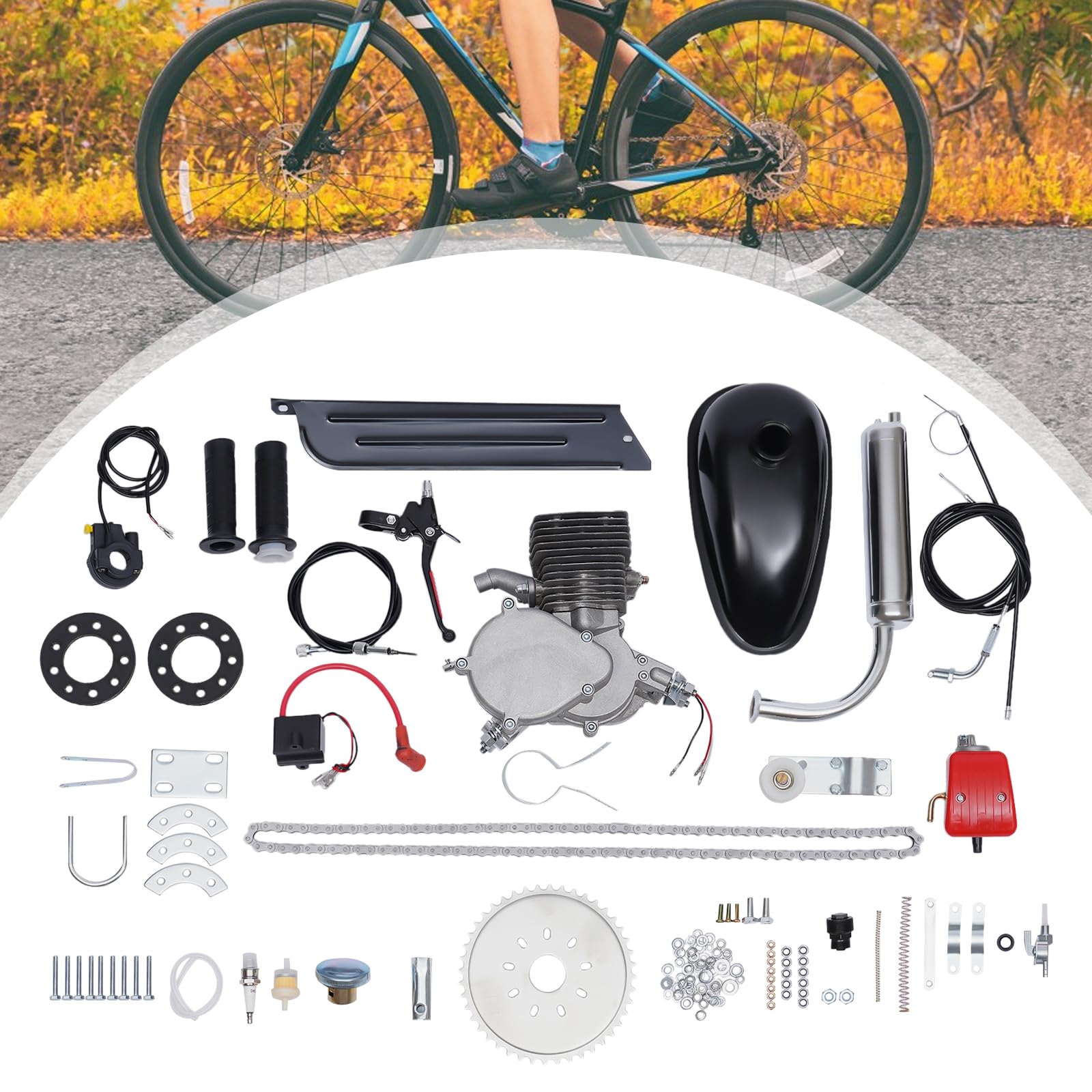 2 Stroke 100CC Bicycle Engine Kit - Motorized Bike Conversion Kit with CDI Ignition & Air Cooling (Black/Red/Silver) - Perfect for DIY Bike Motorization & Commuting