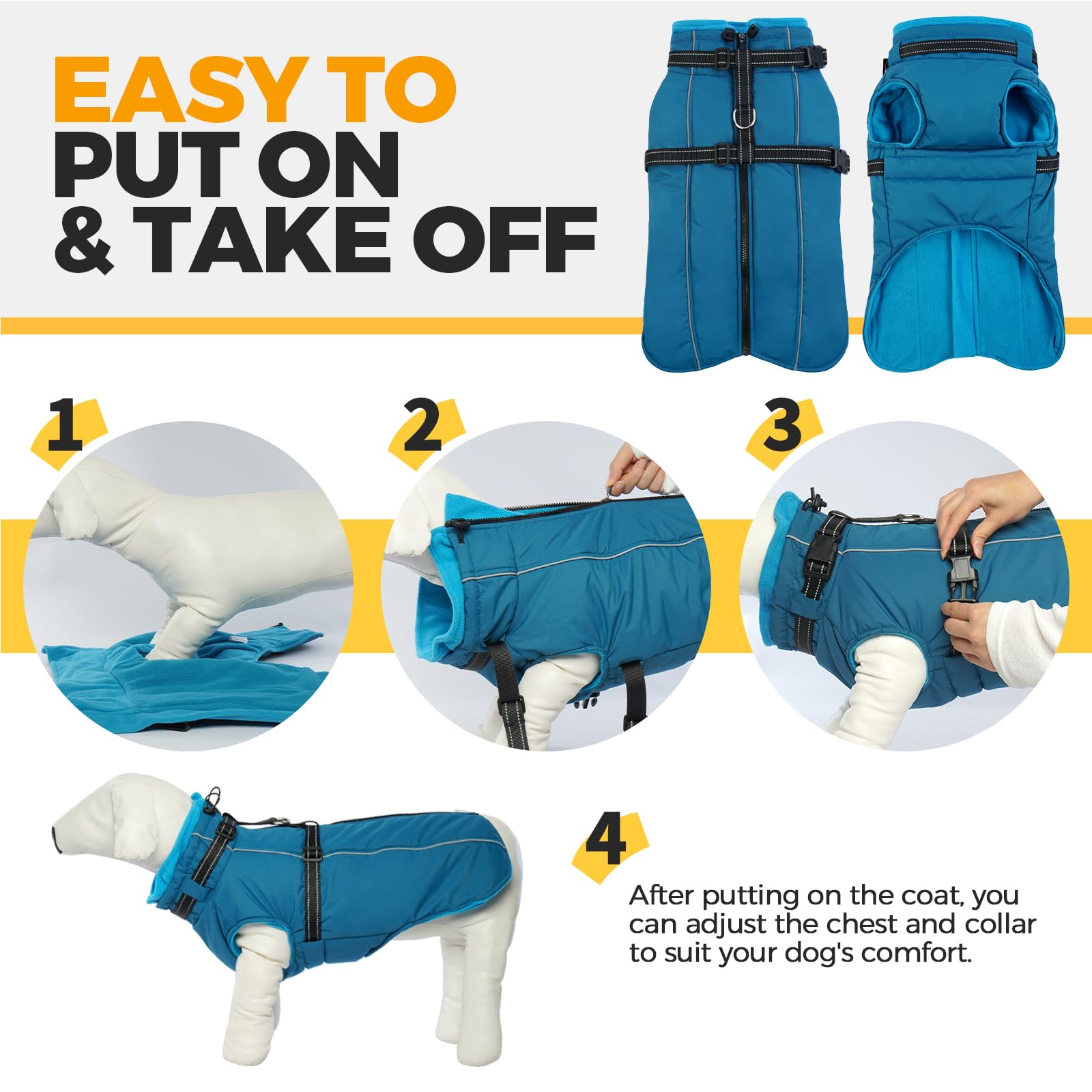 Lelepet Waterproof Reflective Dog Coat with Built-in Harness - XXXL Fleece Winter Jacket for Large Dogs Like Great Danes - Adjustable Zipper for Warmth & Safety in Cold Weather, Rain, and Night Walks