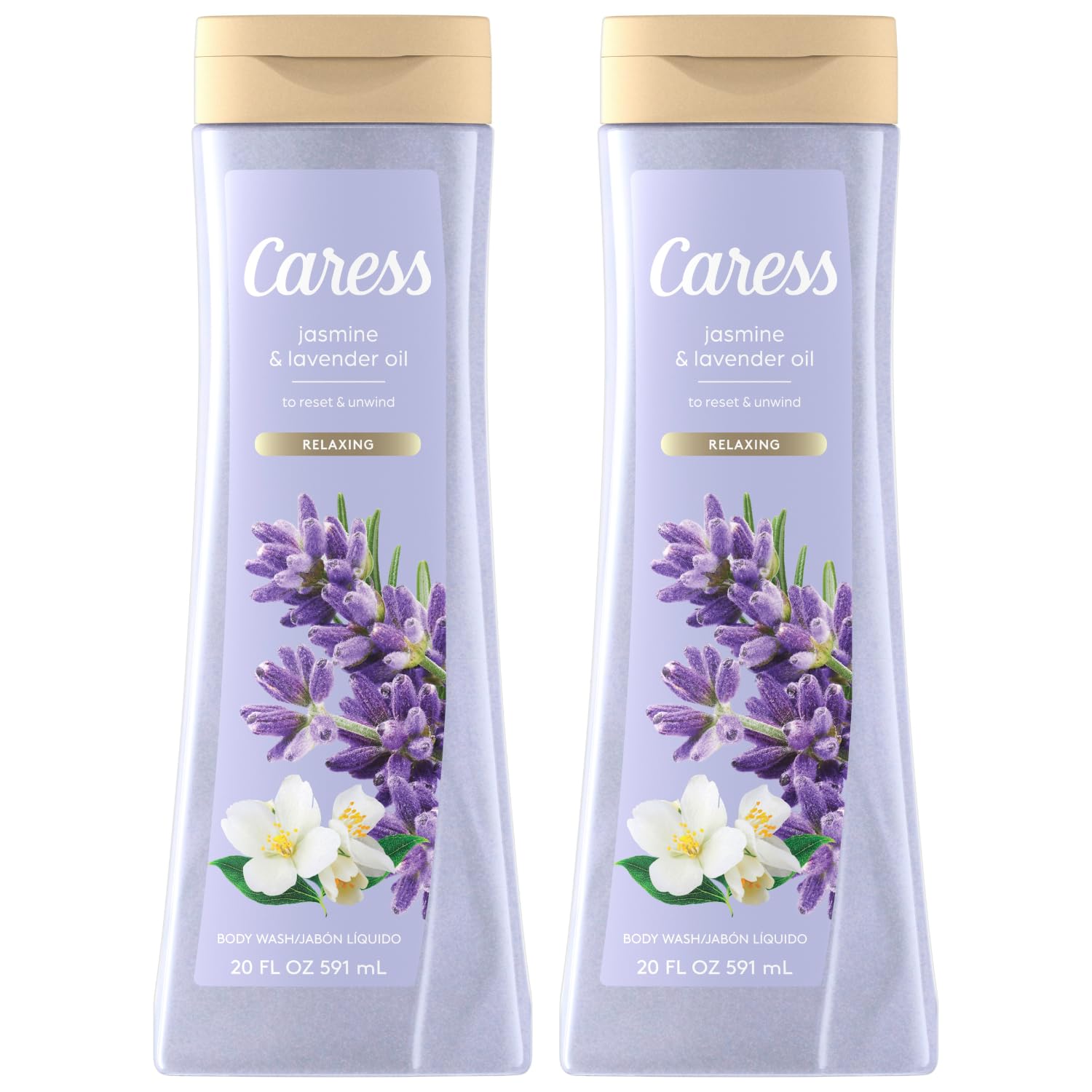 Caress Jasmine & Lavender Oil Moisturizing Body Wash - Hydrating Shower Gel for Soft, Fragrant Skin - Relaxing Aromatherapy Liquid Soap - 20 Fl Oz (Pack of 2) - Perfect for Stress Relief & Nighttime Bath Routine
