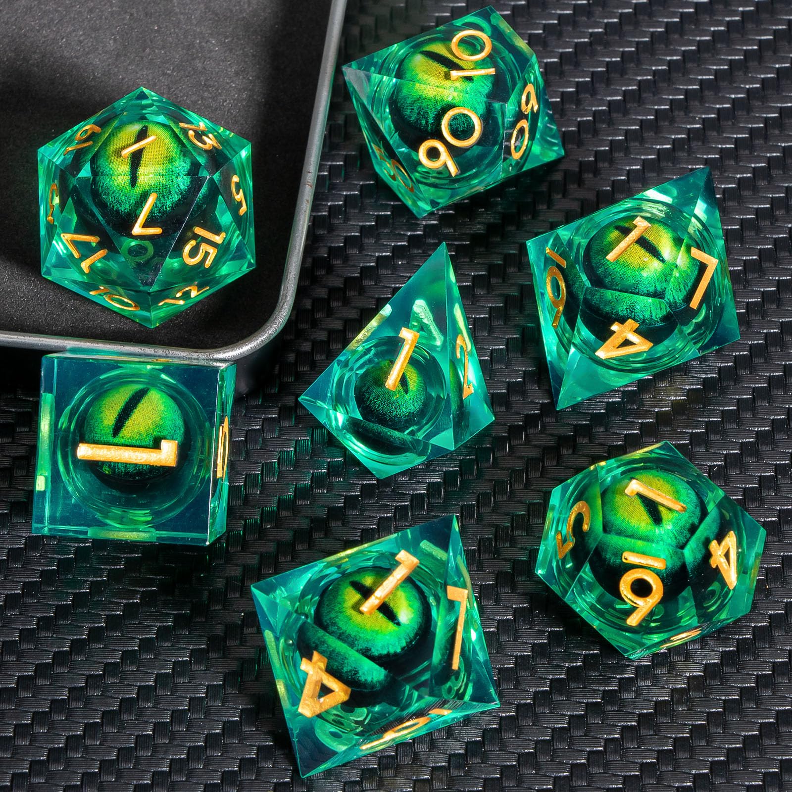 KERWELLSI 7Pcs Liquid Core Dragon Eye DND Dice Set - Sharp Edge Resin Polyhedral RPG Dice (D20 D12 D10 D8 D6 D4) with Gift Box for Dungeons & Dragons, D&D Game Night & Tabletop Roleplaying