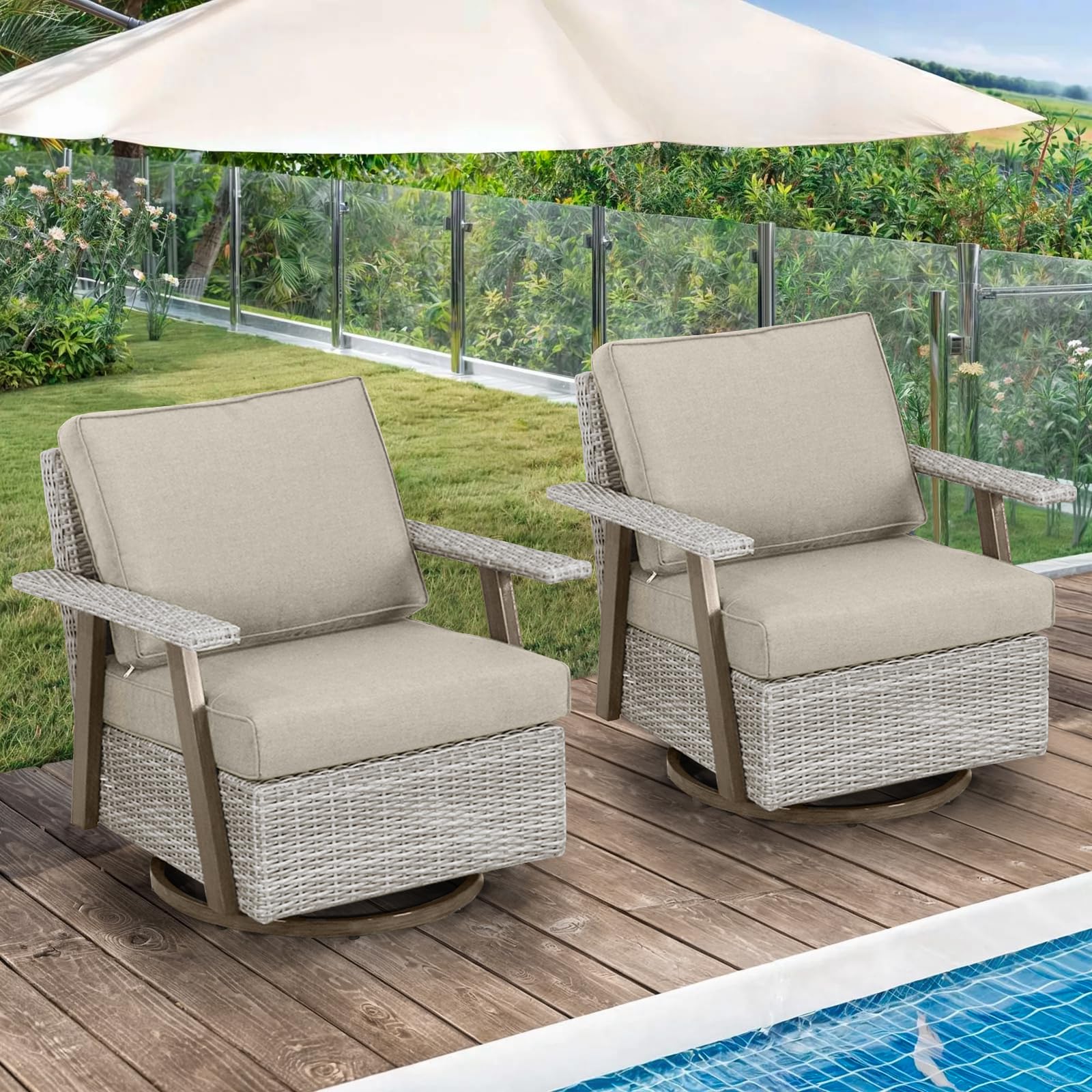 2-Piece Oversized 360° Swivel Rocking Patio Chair Set - PE Wicker Rattan Outdoor Furniture with Glider Mechanism (Grey) - Perfect for Backyard, Poolside & Garden Relaxation