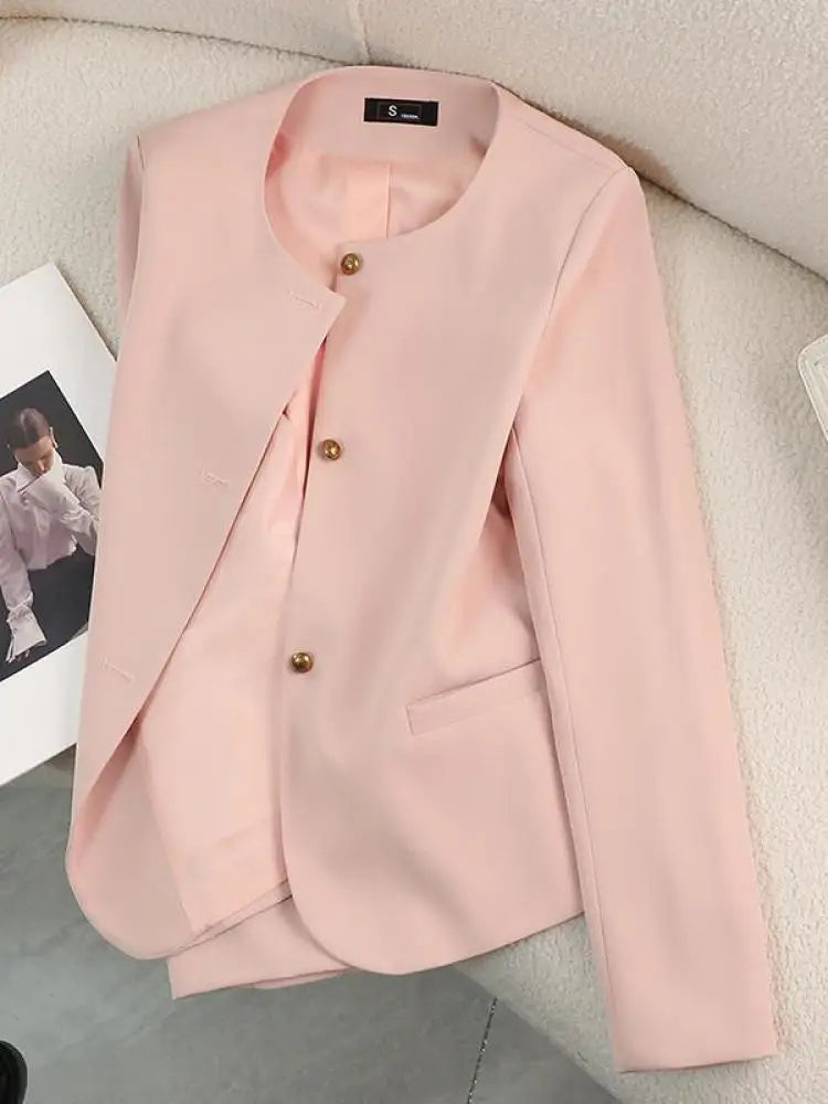 Women's Slim Fit Long Sleeve Blazer Coat - Black/Beige/Pink Round Neck Single Breasted Office Jacket for Spring & Autumn | Professional Workwear, Business Attire & Formal Occasions