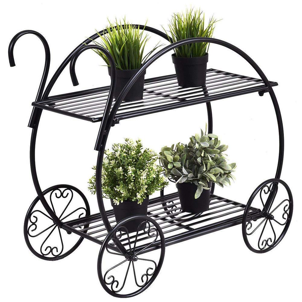 Classic Black Metal Plant Stand with Handle - Indoor Outdoor Flower Pot Holder for Patio, Garden, Home Decor - Perfect for Displaying Plants in Living Room, Balcony or Backyard