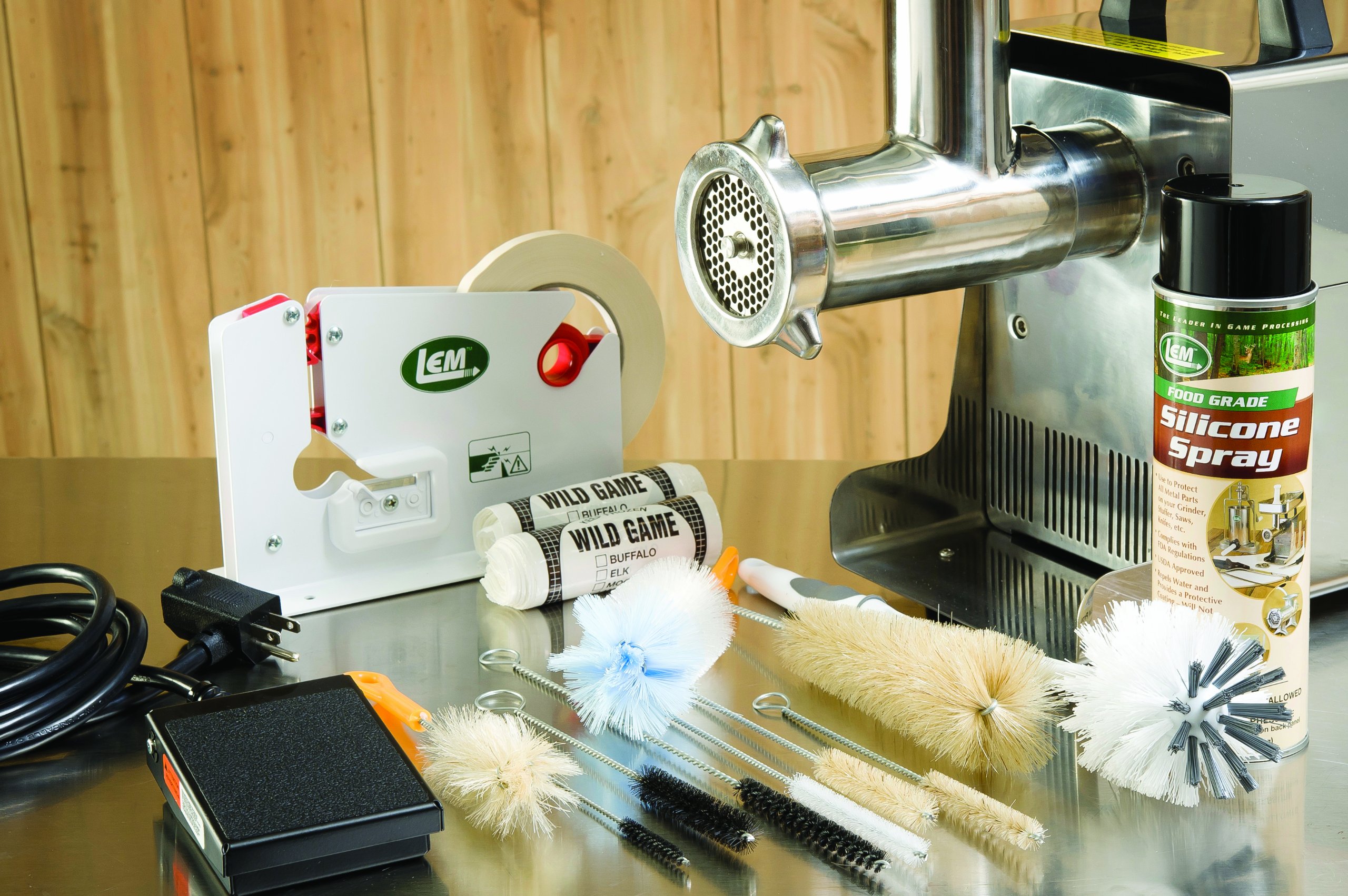 LEM Products Grinder Accessory Kit - Foot Switch, Poly Bag Tape Machine, Meat Bags, Silicone Spray & Brushes for Meat Processing & Sausage Making | Perfect for Home Butchers & Commercial Kitchens