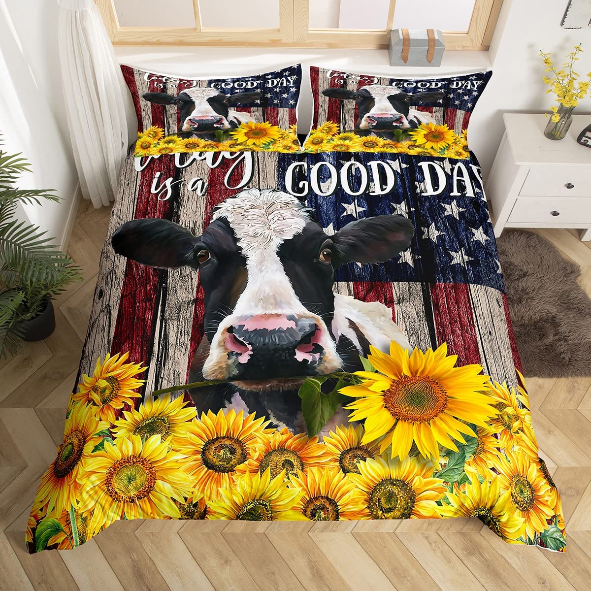 Manfei Kids Cute Cow Duvet Cover Set Twin Size - Farm Animal Themed Bedding for Boys & Girls (2pc Set) | Yellow Sunflower Print & American Flag Design with Pillowcase | Perfect for Nursery, Bedroom Decor & Farmhouse Style Rooms