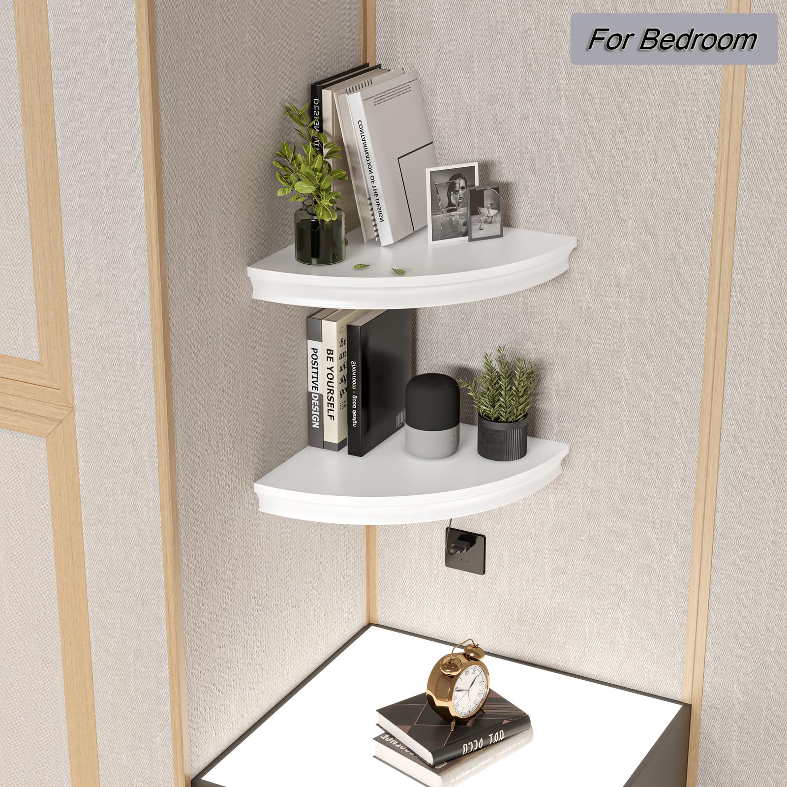 HAO Floating Corner Shelf - Invisible Wall Mounted Shelves with Radial Cable Hole Design - Set of 2 White - Perfect for Bedroom, Bathroom, Living Room & Kitchen Organization