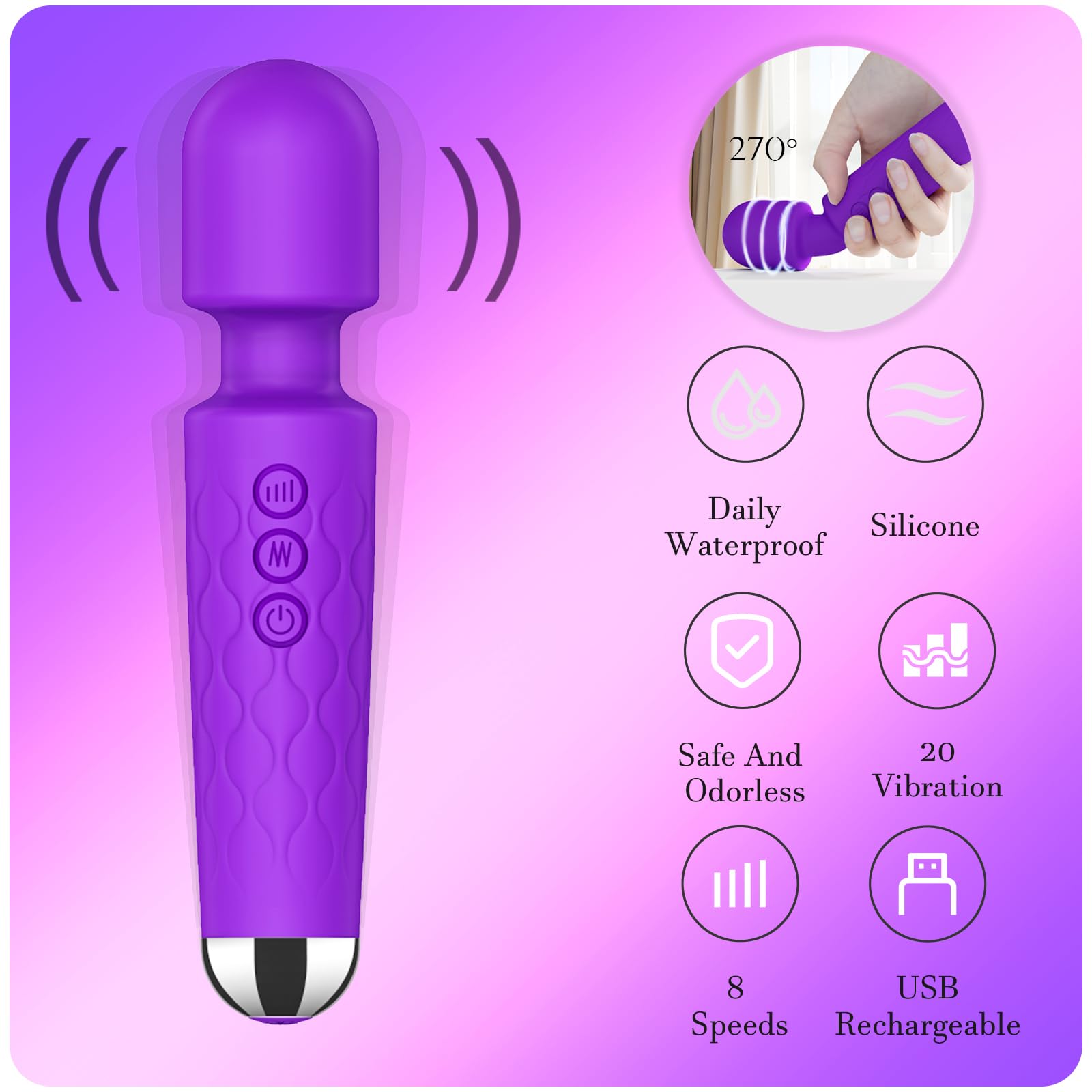 8-Speed G Spot Vibrator Wand with 20 Patterns - Powerful Clitoral Stimulator for Women, Couples Adult Sex Toy - Purple - Perfect for Solo Play & Romantic Nights