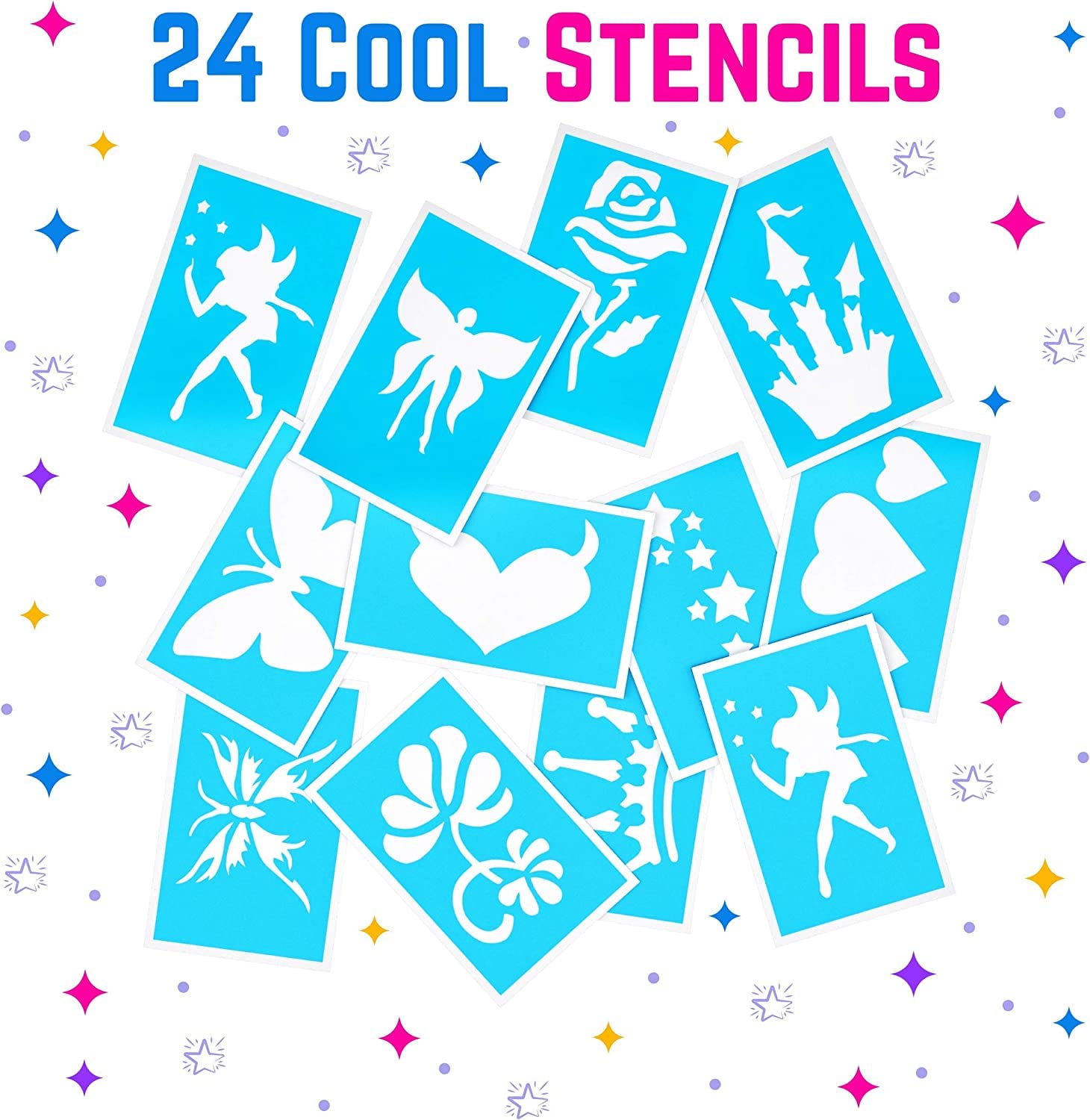 GirlZone 33-Piece Glitter Tattoo Kit for Kids - Non-Toxic & Skin-Friendly Temporary Tattoo Set with 24 Stencil Designs, 6 Cosmetic Glitters, 2 Brushes & Adhesive - Perfect for Birthday Parties, Halloween, Valentine's Day & Easter Gifts