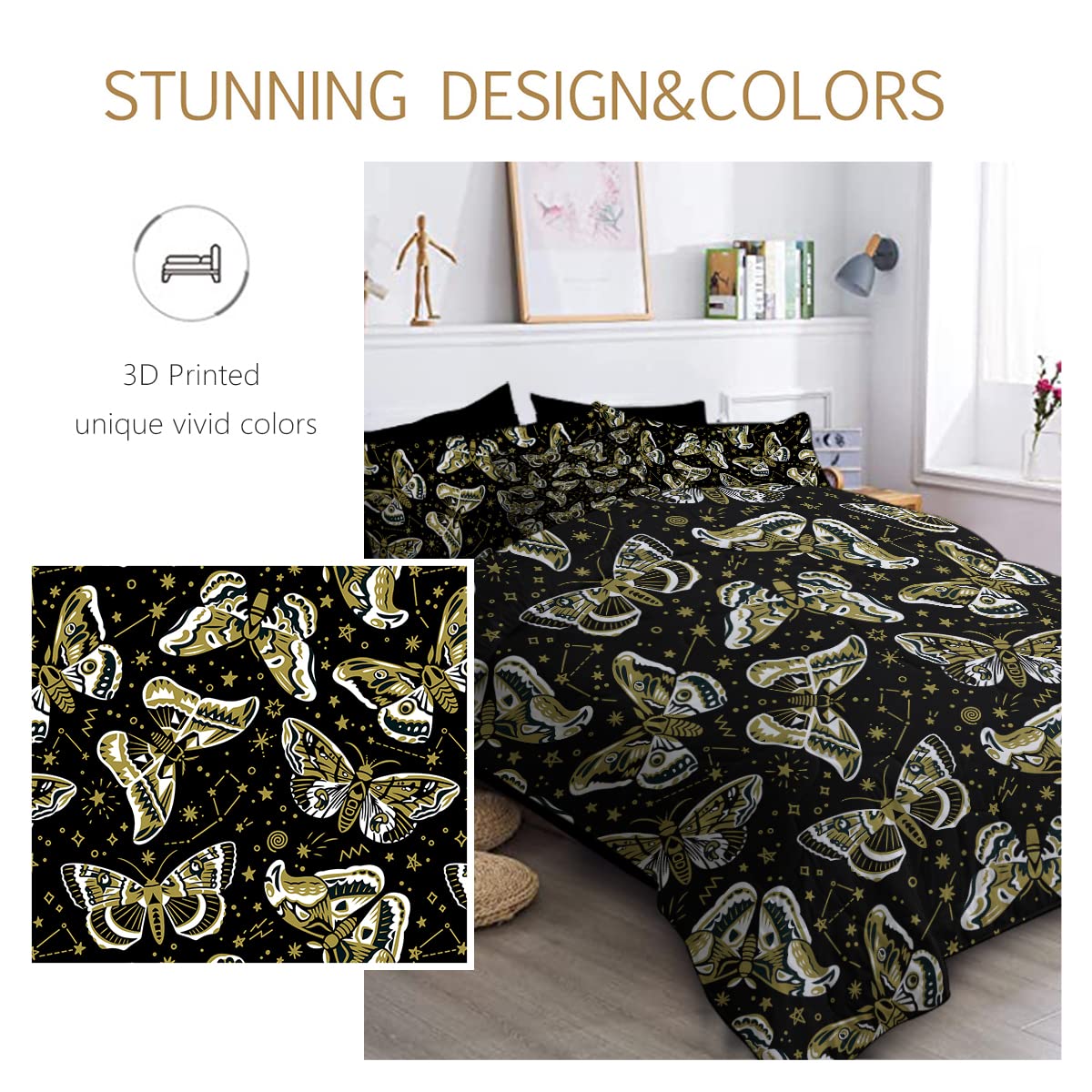 BlessLiving 8-Piece Monarch Butterfly Comforter Set - Queen Size Bedding with Gold & Black Design, Includes 1 Comforter, 2 Pillow Shams, 1 Flat Sheet, 1 Fitted Sheet, 1 Cushion Cover & 2 Pillowcases - Perfect for Bohemian Bedroom Decor & Butterfly Theme Rooms