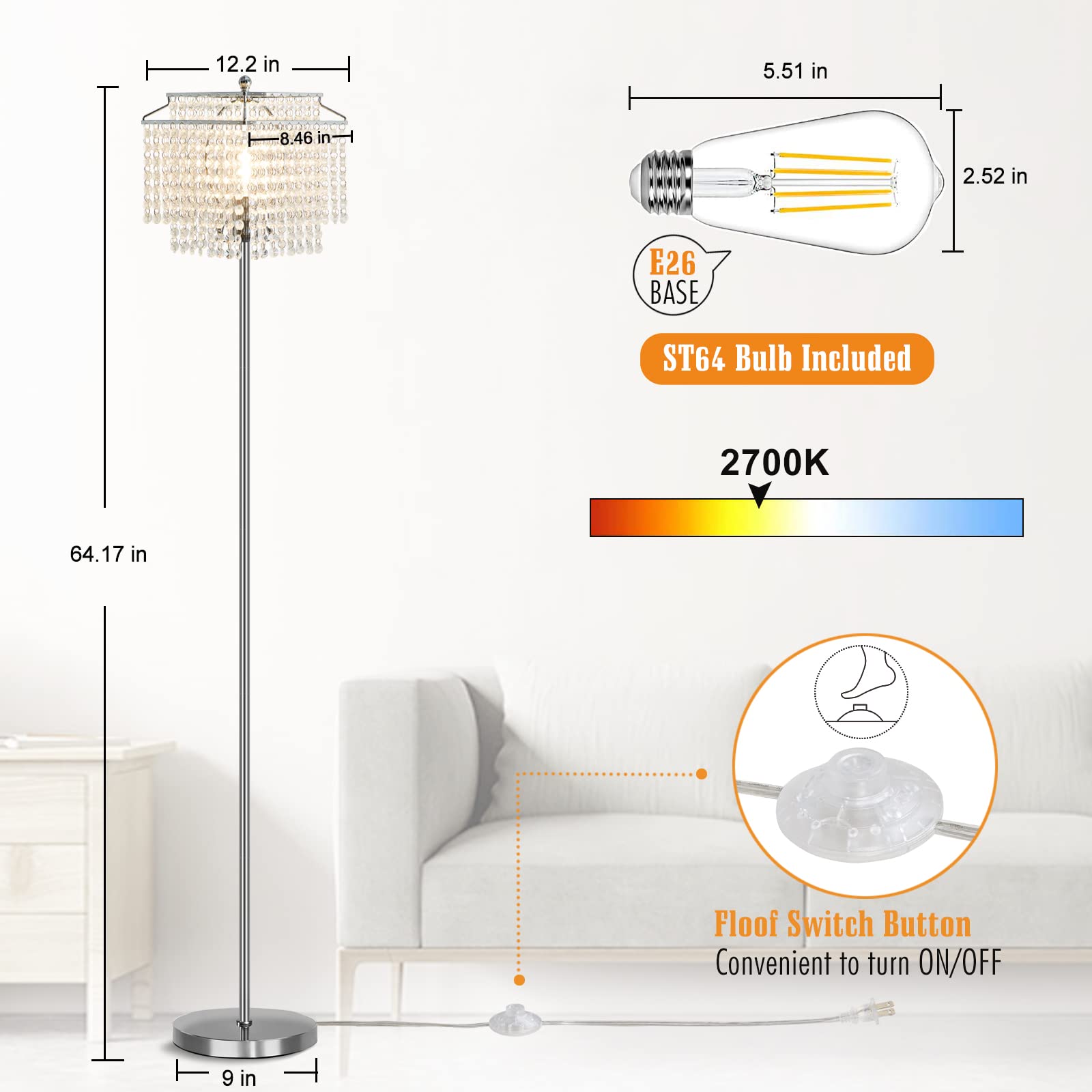 Crystal Table Lamp with USB Ports & Floor Lamp Set of 2 - Modern Silver Lighting for Living Room, Bedroom, Office | Perfect for Reading, Working & Home Decor