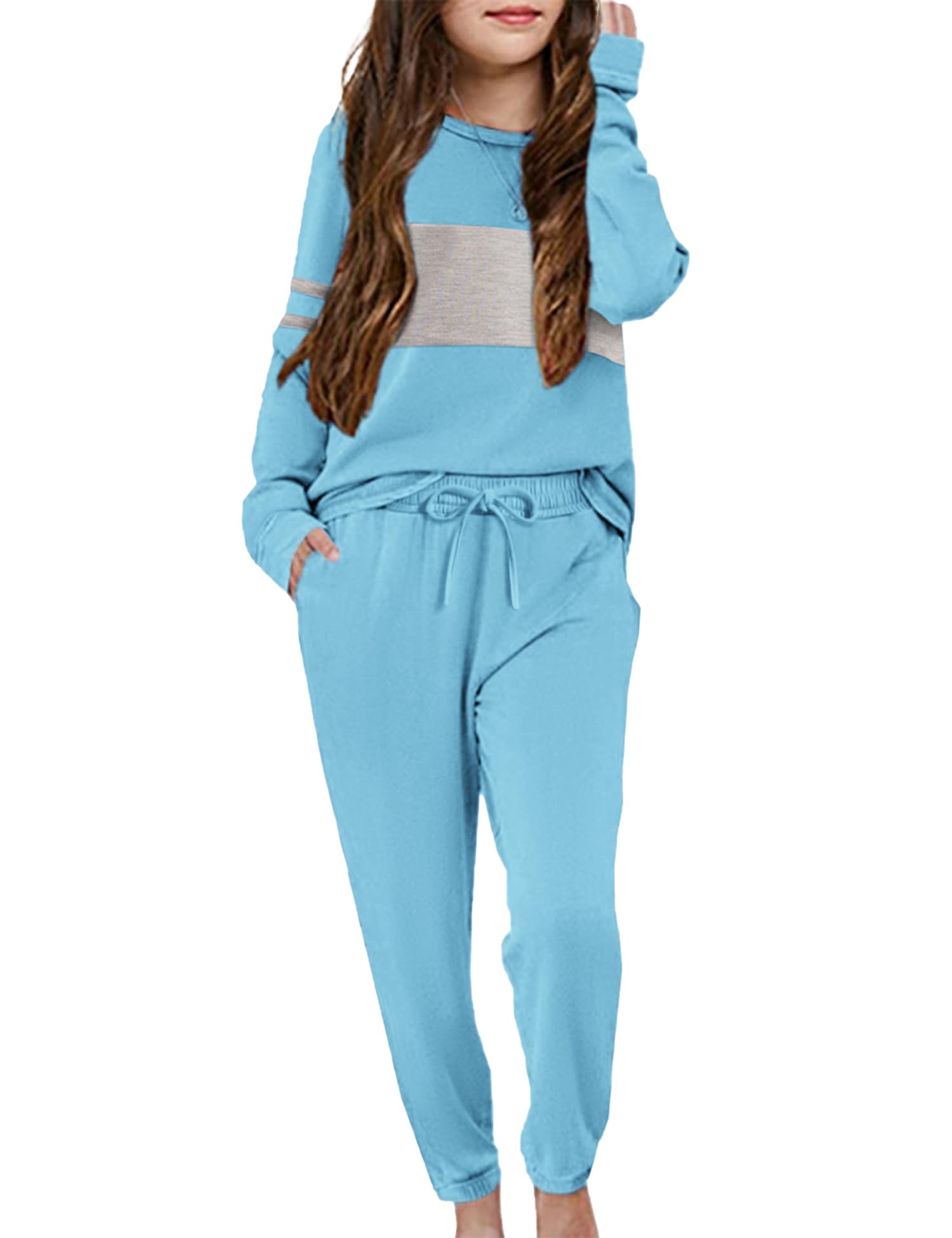 Arshiner Girls' 2-Piece Sweatsuit Set - Long Sleeve Color Block Pullover Hoodie & Lounge Pants with Pockets | Cute Outfits for School, Playdates & Casual Wear