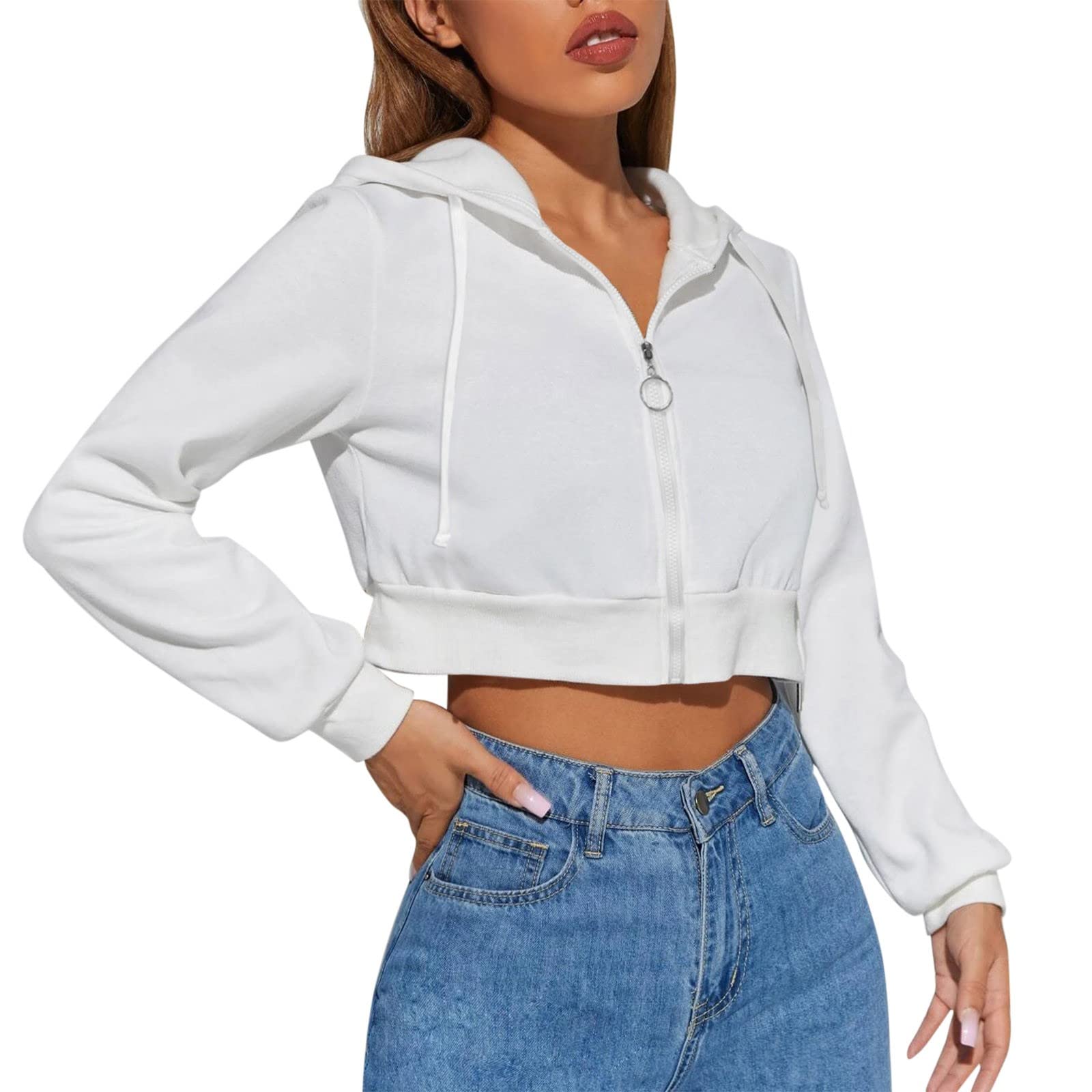 Women's Casual Fleece Zipper Hooded Long Sleeve Sweatshirt - Summer Solid Color Short Tops for Women - Perfect for Outdoor Activities, Travel & Daily Wear