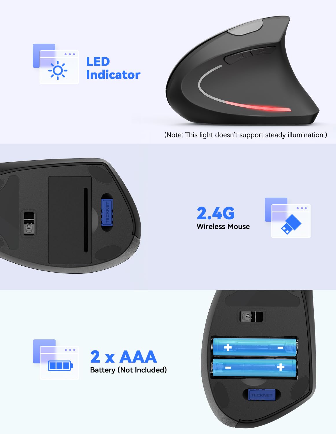 TECKNET Ergonomic Wireless Mouse - 4800 DPI, Silent Click, 5 Adjustable DPI Settings, 2.4G Vertical Mouse with 6 Buttons - Compatible with Windows, Mac, Chromebook, Linux - Perfect for Office Work, Gaming & Long Computer Sessions