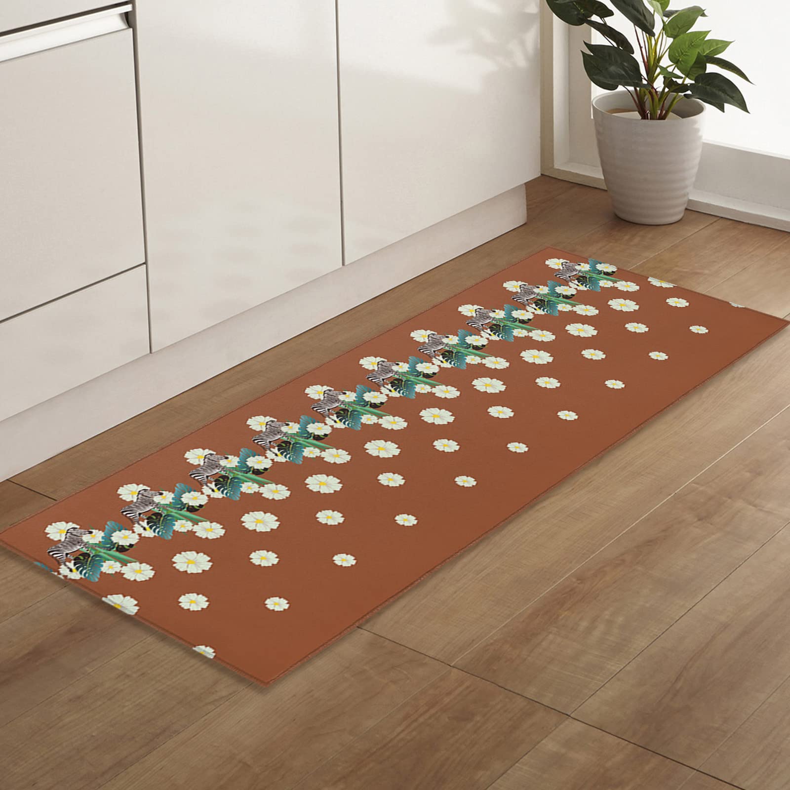 Non-Slip Indoor Door Mat with TPR Backing - Soft Absorbent Bath Rug with Zebra & Daisy Green Leaves Design - 24x71 Inch Washable Front Door Mat for Entrance, Bathroom & Home Decor - Perfect for High Traffic Areas & Wet Floors
