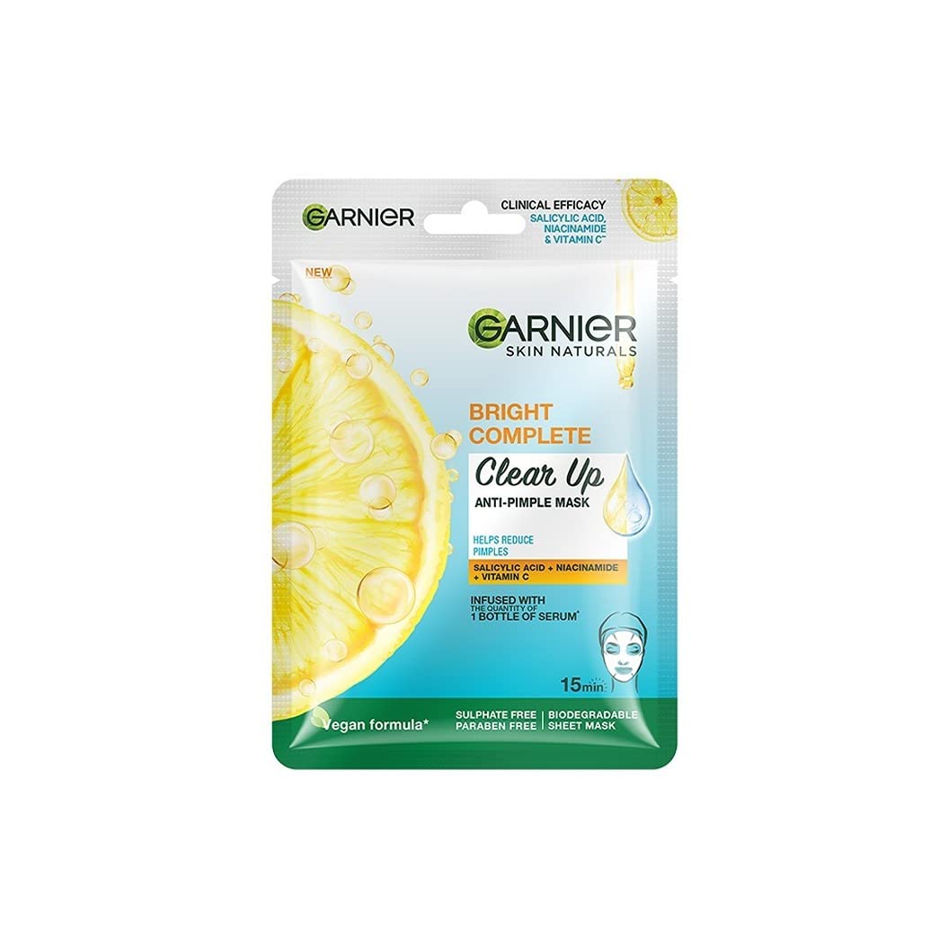 Garnier Bright Complete Anti-Pimple Sheet Mask with Salicylic Acid, Niacinamide & Vitamin C - Clear, Hydrated & Glowing Skin Treatment for All Skin Types | Perfect for Acne-Prone, Oily & Combination Skin Care Routine