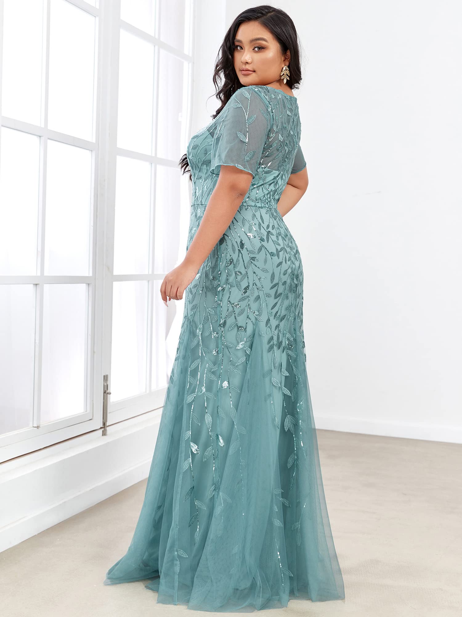 Ever-Pretty Women's Plus Size Embroidery Sequin Short Sleeve Bodycon Maxi Formal Dress 07707-PZUSA | Elegant Evening Gown for Prom, Wedding Guest, Cocktail Party & Special Occasions