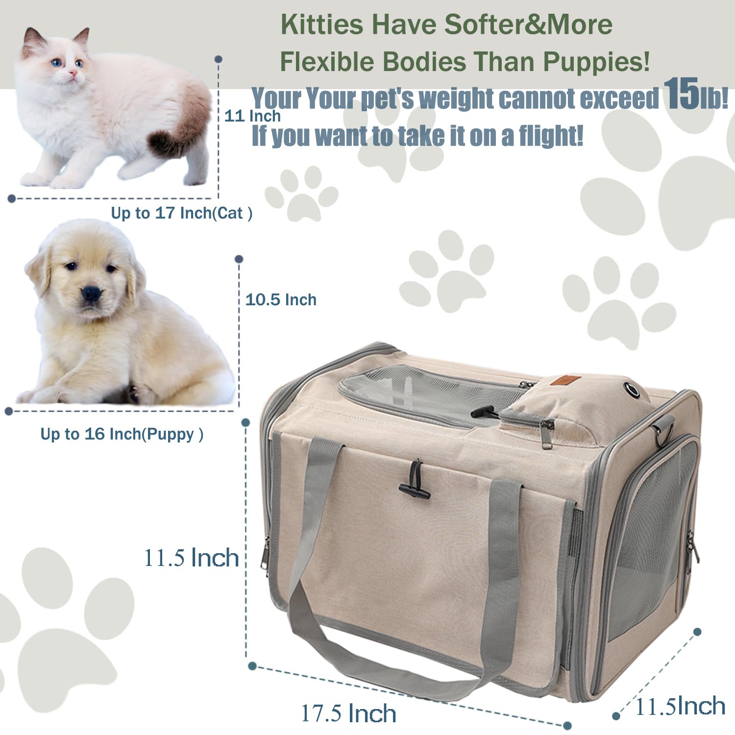 Large Cat Carrier for Pets up to 20lbs - Soft-Sided Travel Carrier for Home & Outdoor Use (Khaki)