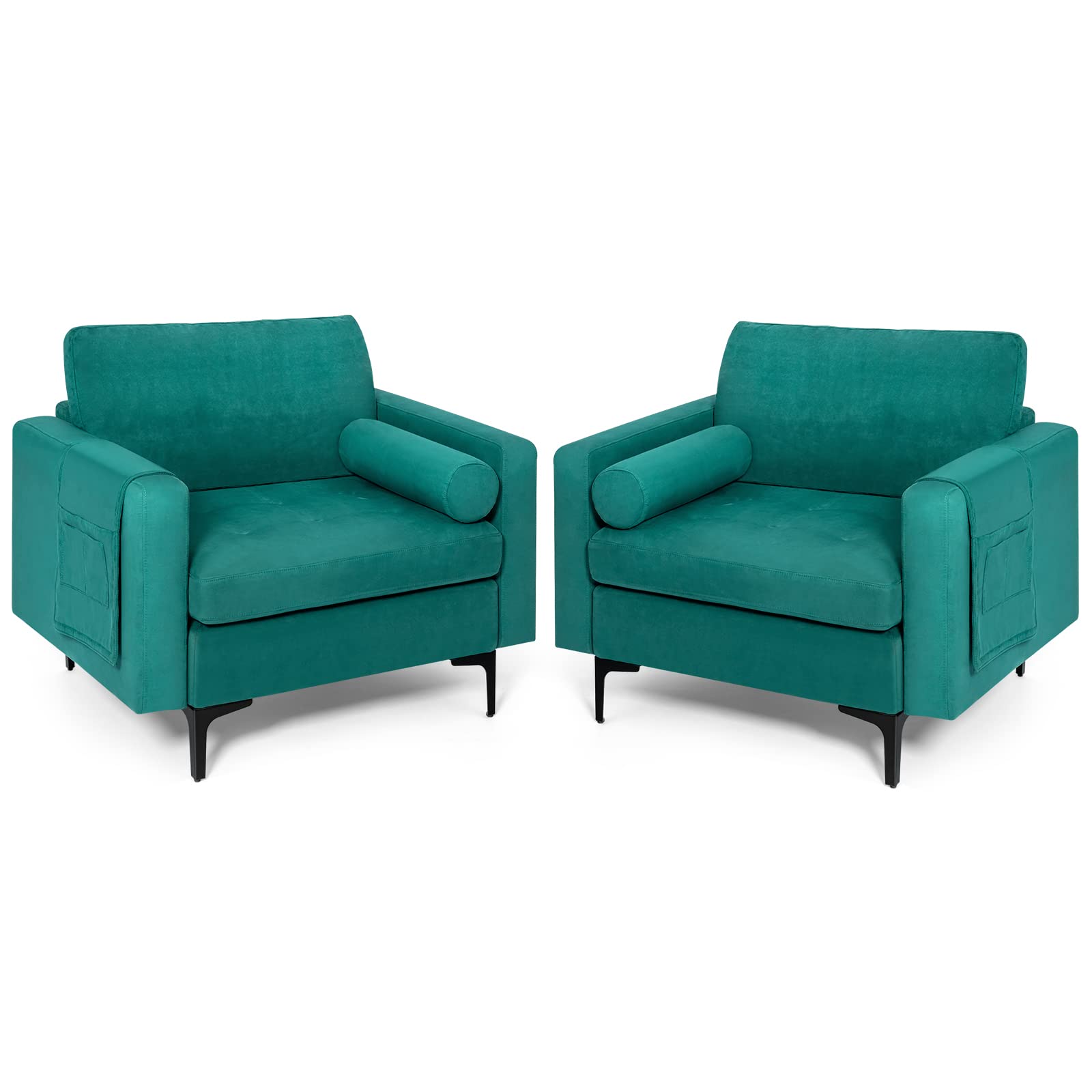 Giantex Set of 2 Single Sofa Chairs with Cushion & Bolster, Upholstered Armchairs with Magazine Pockets - Blue Accent Chairs for Living Room, Bedroom & Reception Area | Perfect for Relaxing, Reading & Small Space Decor