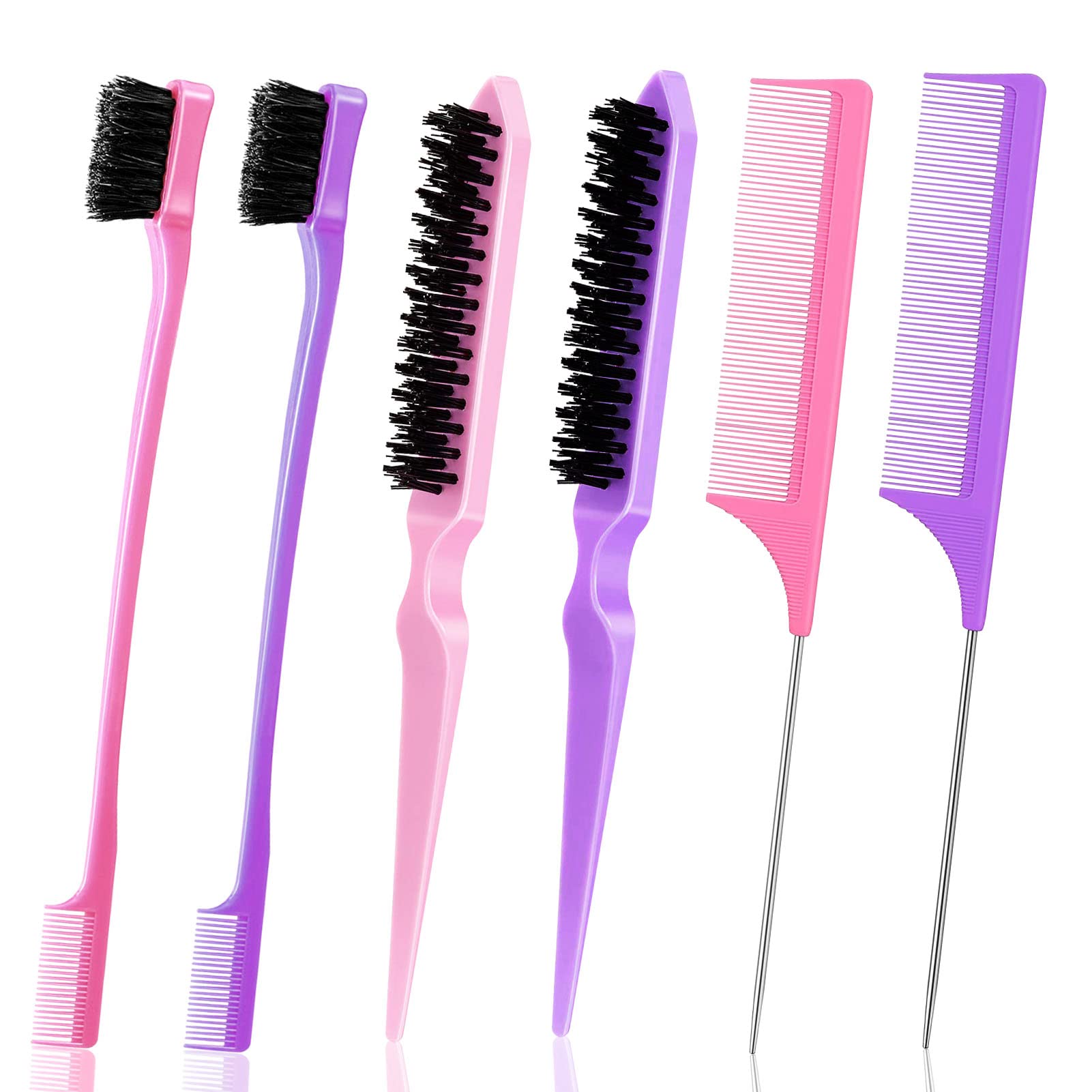 6-Piece Professional Hair Teasing Brush Set - Dual Edge Brush, Comb Bristle Brush, Hairline Brush & Rat Tail Comb with Stainless Steel Tail - Soft Glossy Hair Styling Tools for Women & Kids - Perfect for Salon, Home & Travel Use (Pink & Purple)