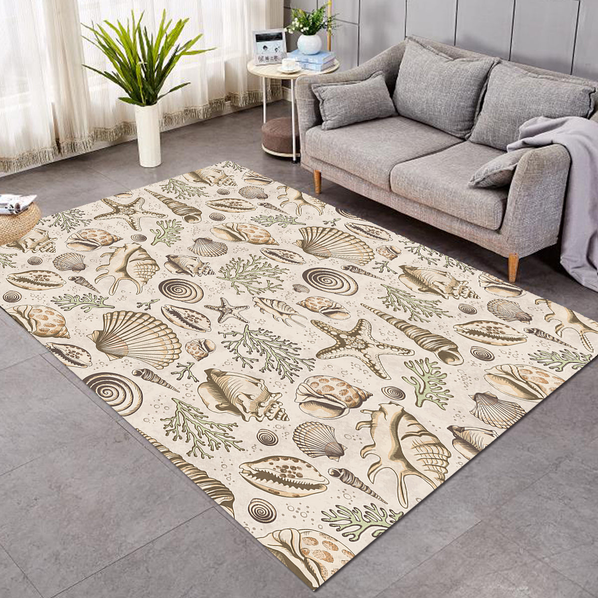 Natural Brown Seashells Area Rug - Soft Non-Slip Boho Beach Decor for Living Room, Bedroom, Nursery - Perfect for Coastal, Nautical & Beach House Themes