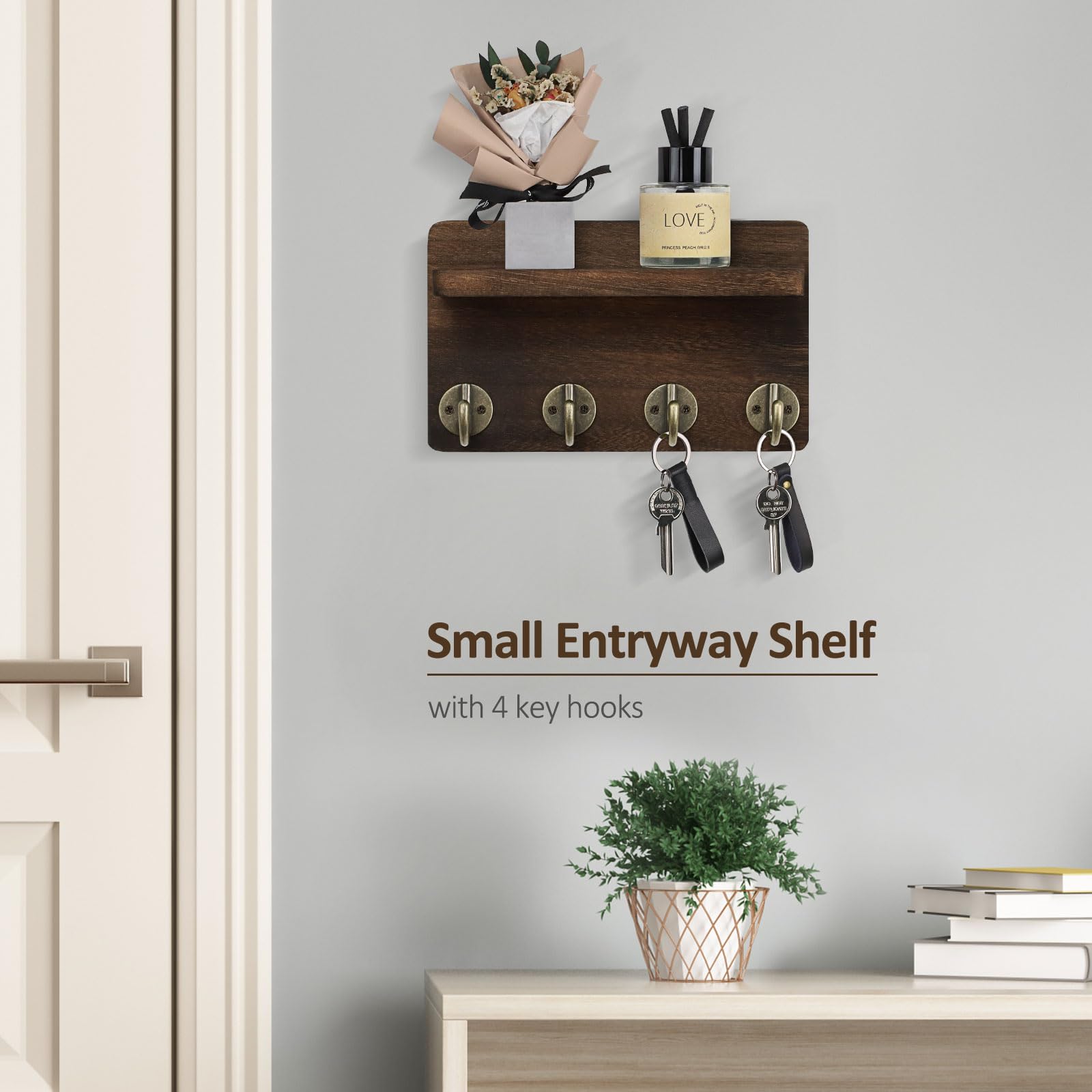 8.5 Inch Wooden Wall Key Holder with 4 Hooks & Shelf - Rustic Home Decor Organizer for Entryway, Living Room & Kitchen - Perfect for Keys, Mail & Small Essentials (Brown)