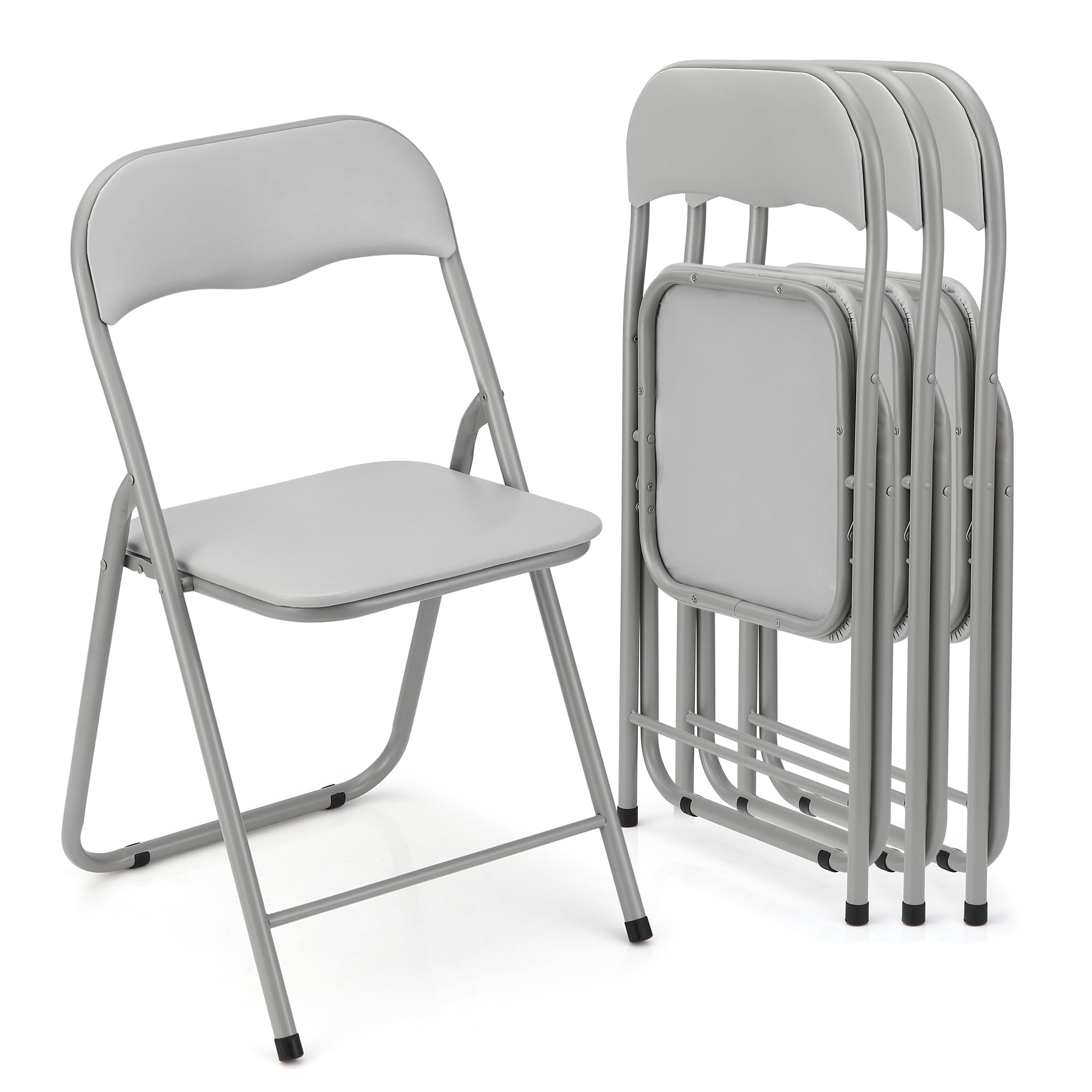 4 Pack Folding Chairs with Cushion - Portable Metal Stackable Chairs for Indoor & Outdoor Events, Non-Slip Feet Pads, Grey - Perfect for Parties, Picnics, Weddings & Home Use