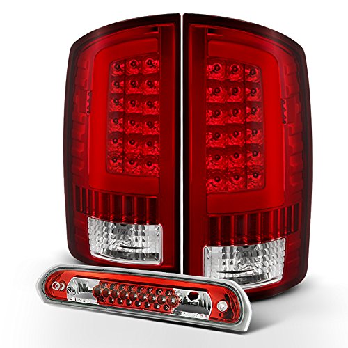 AKKON LED DRL Light Tube & Red Chrome Tail Lights + 3rd Brake Lamp Assembly for 2003-2006 Dodge Ram 1500 2500 3500 - Upgrade Your Truck's Style & Safety for Night Driving & Off-Road Adventures