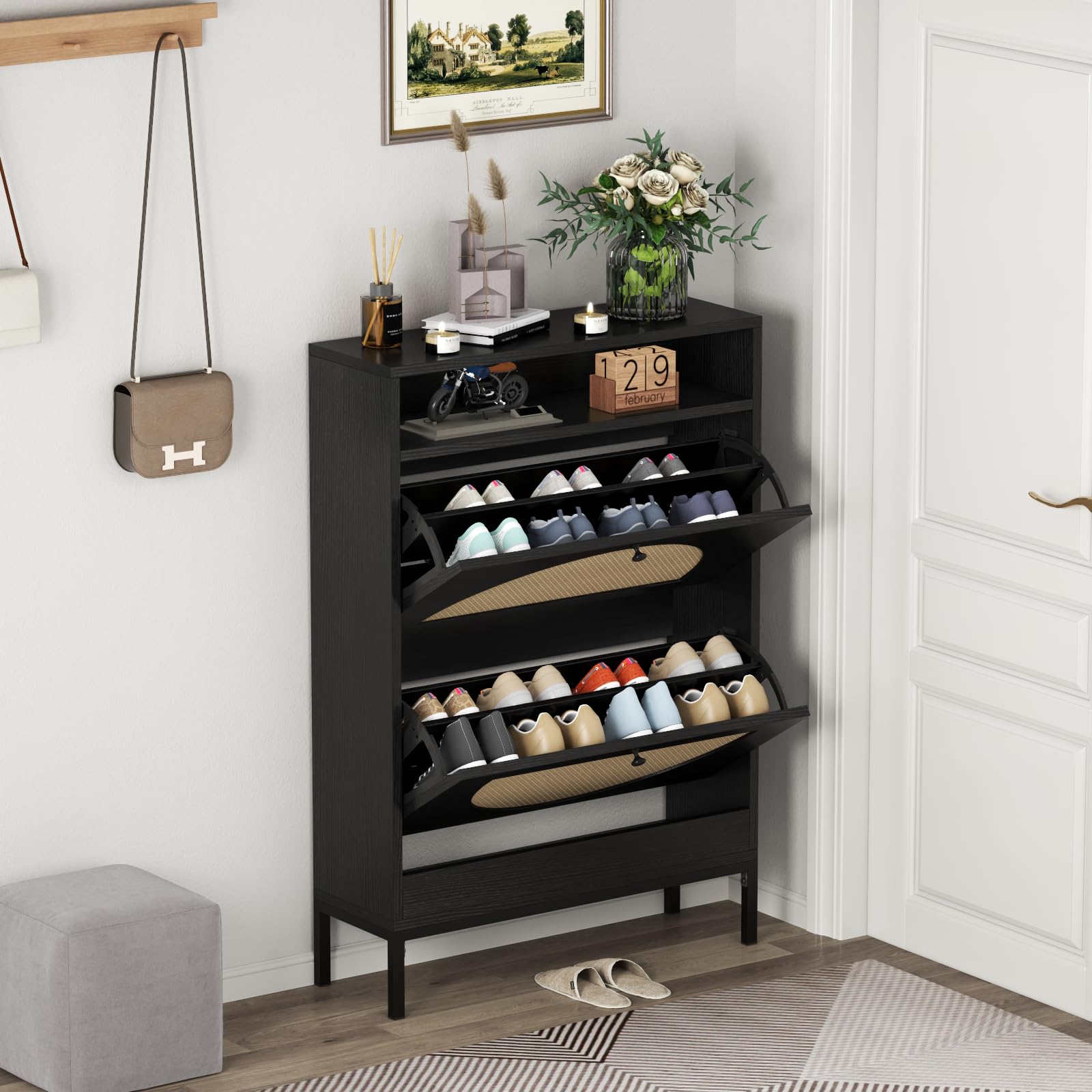 Rattan Shoe Storage Cabinet with 2 Flip Drawers - Hidden Slim Shoe Organizer for Sneakers & Footwear - Entryway, Hallway & Living Room Storage Solution - Black - Perfect for Small Spaces & Clutter-Free Home Organization