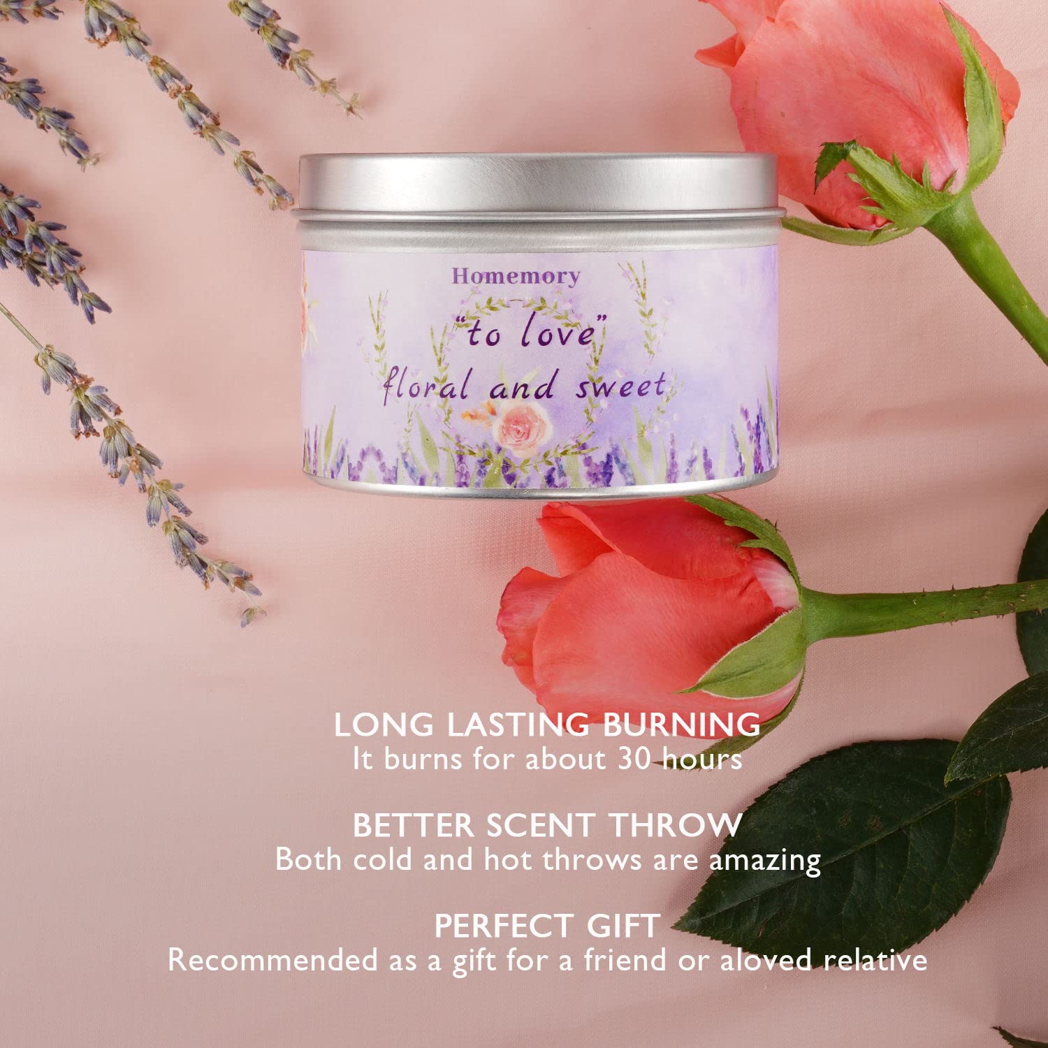 Homemory Lavender & Rose Scented Soy Candles - 6oz Natural Aromatherapy Candles with Essential Oils for Stress Relief, Hand-Poured Home Decor Gifts for Women | Perfect for Relaxation, Meditation & Spa Nights