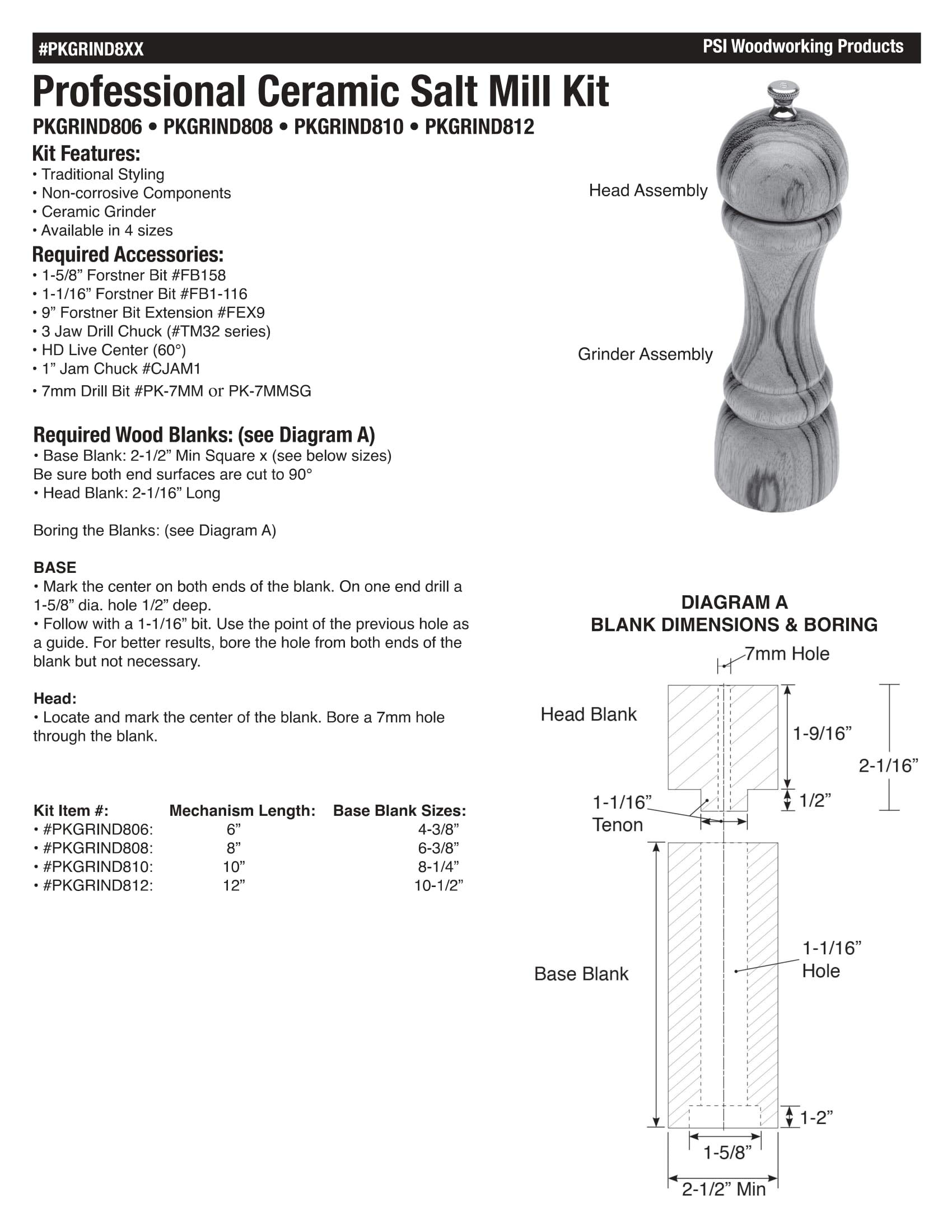 Penn State Industries PKGRIND808 8-Inch Professional Ceramic Salt Grinder Mechanism Kit for Woodturning Projects - Perfect for DIY Salt Mills, Pepper Mills & Kitchen Upgrades