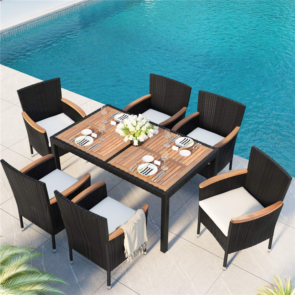 7-Piece Outdoor Sectional Conversation Set with Soft Cushions & Acacia Wood Table - Patio Wicker Furniture Set with Stackable Armrest Chairs - Perfect for Backyard, Garden, Poolside & Outdoor Entertaining