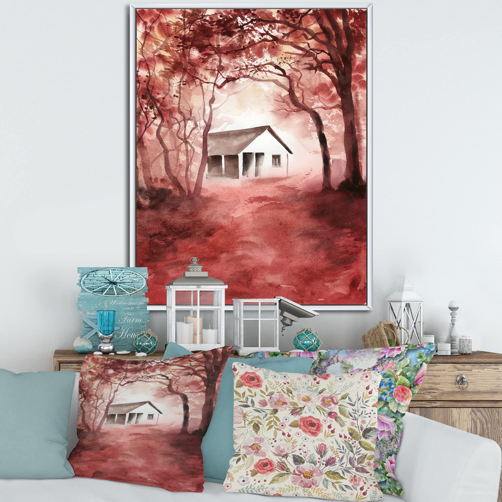 DesignQ House In Red Autumn Woods - Rustic Cabin & Lodge Framed Canvas Wall Art Print for Living Room, Bedroom, or Office Decor