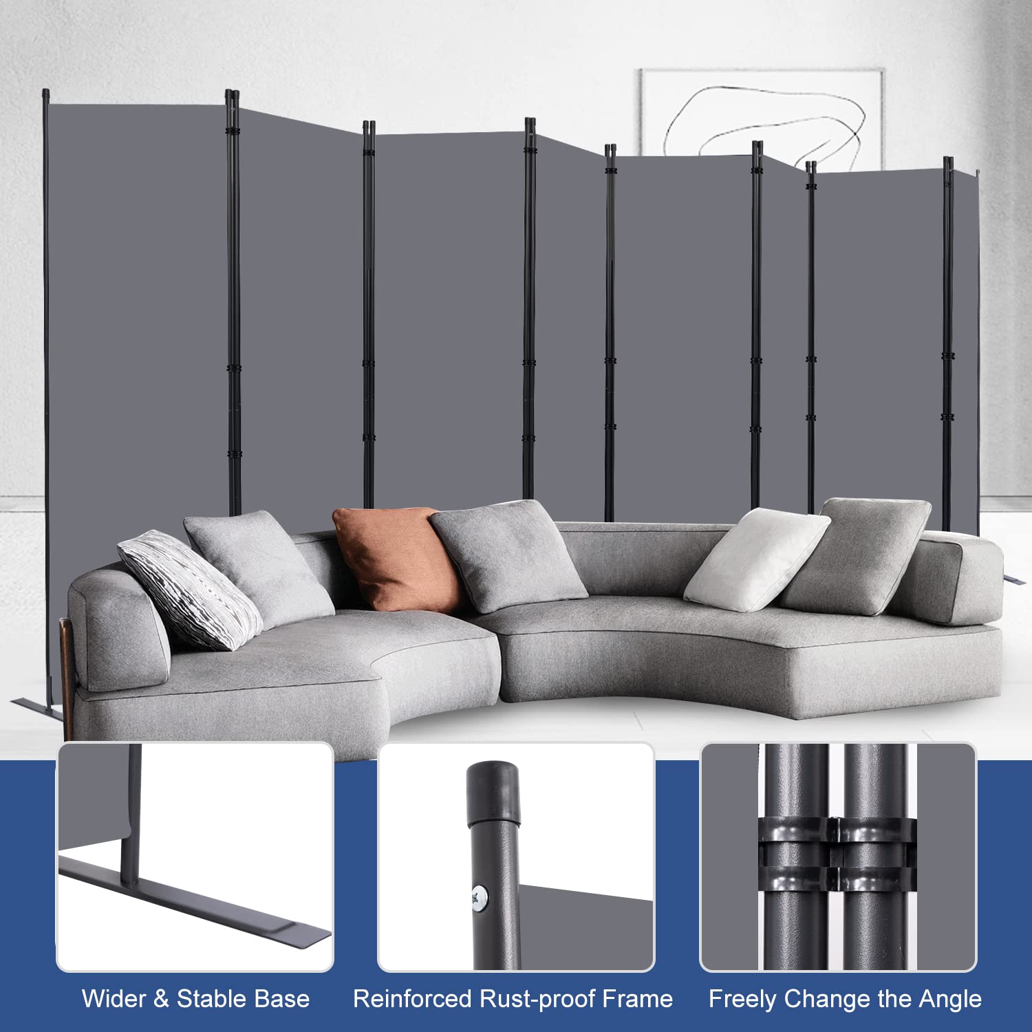 8-Panel Room Divider & Folding Privacy Screen - Freestanding Fabric Partition for Office, Bedroom, Studio & Dorm | Space-Saving Room Separation Solution for Home & Workspaces